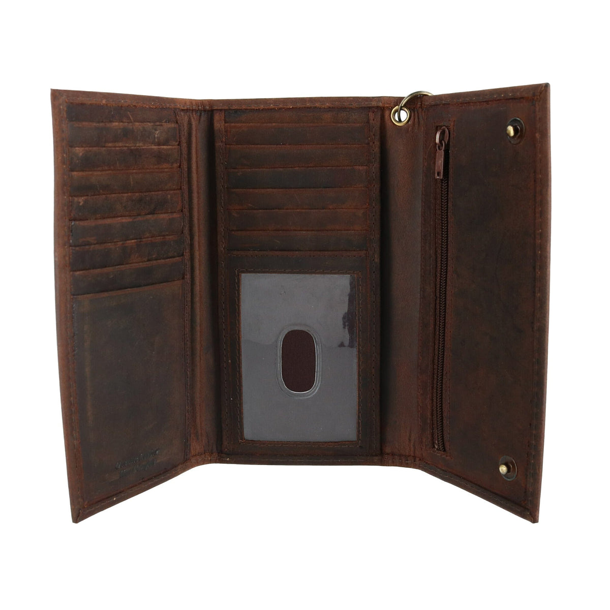 CTM® Men's Hunter Leather Long Trifold Chain Wallet - Brown