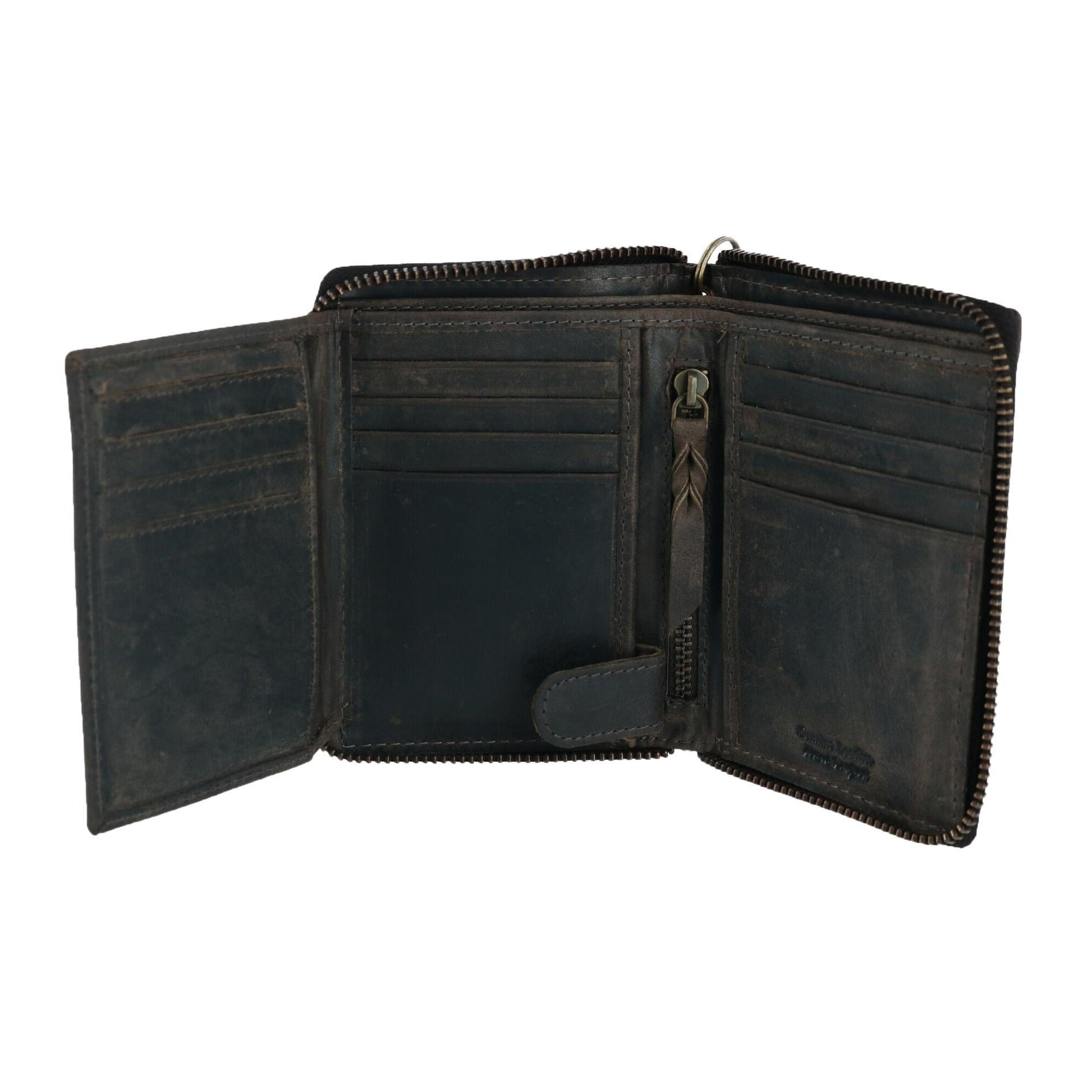 CTM® Men's Hunter Leather Zip-Around Bifold Chain Wallet - Black