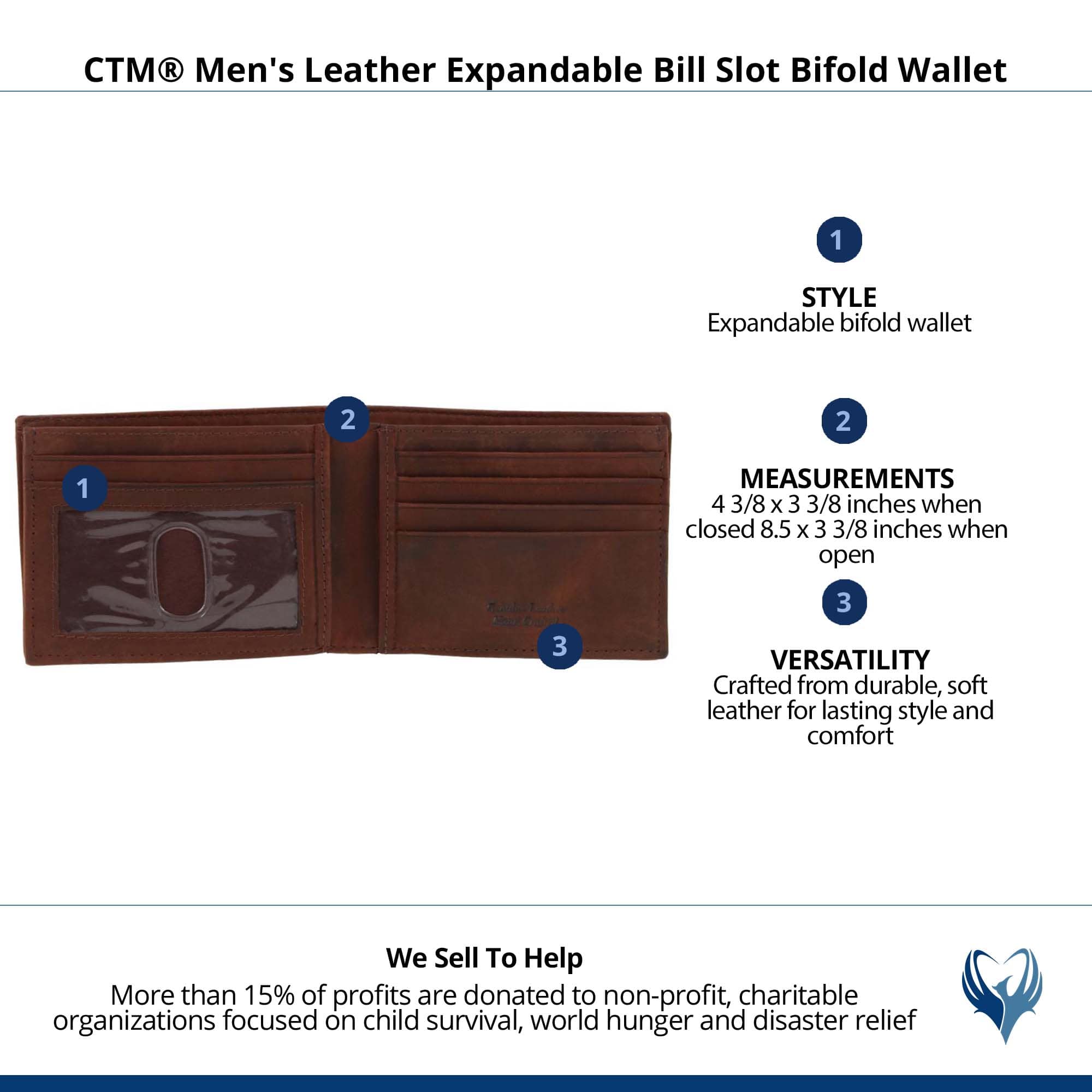 CTM® Men's Leather Expandable Bill Slot Bifold Wallet - Brown