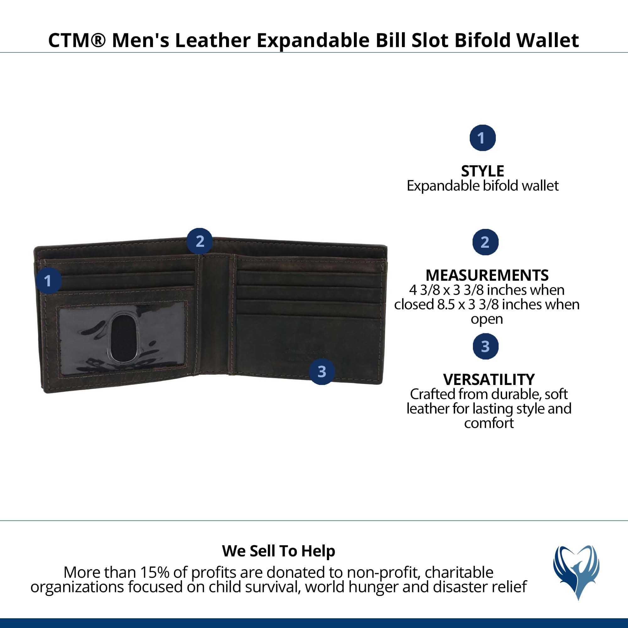 CTM® Men's Leather Expandable Bill Slot Bifold Wallet - Charcoal