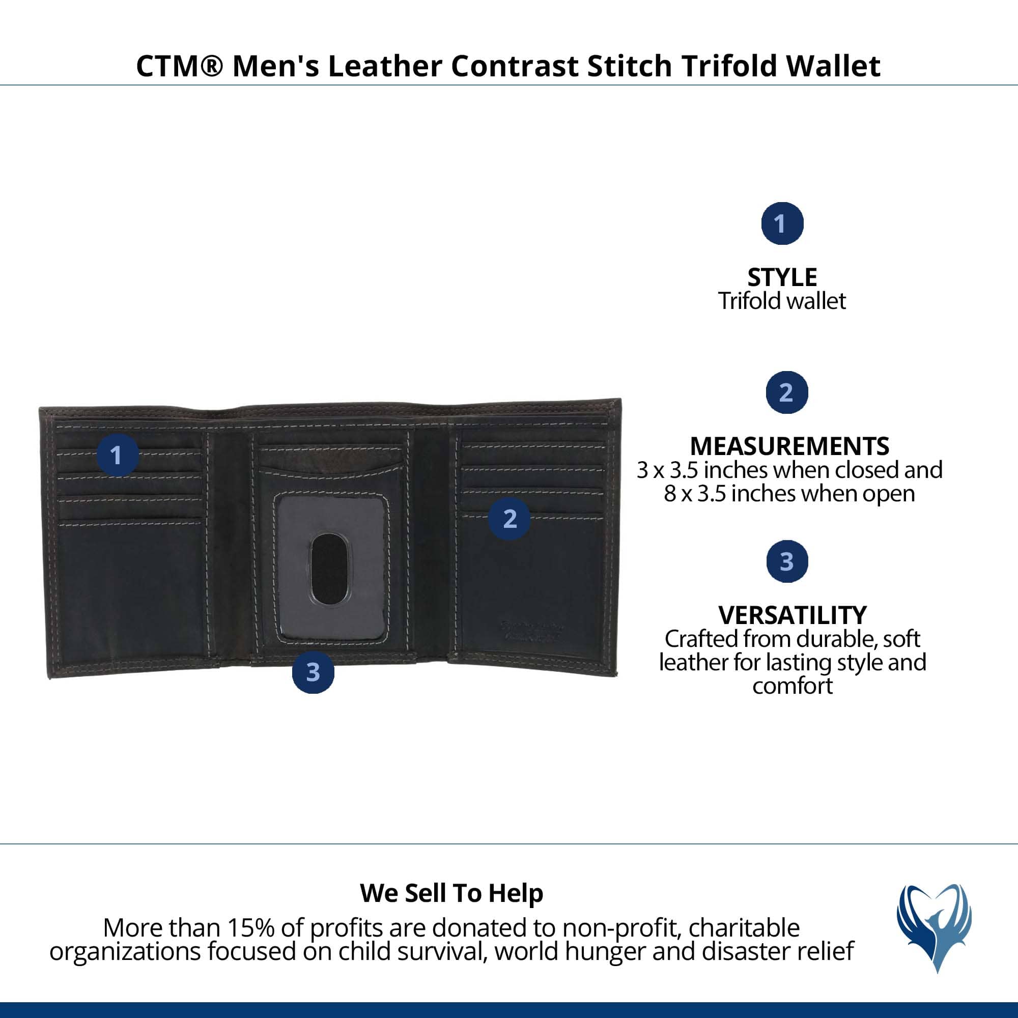CTM® Men's Leather Contrast Stitch Trifold Wallet - Black
