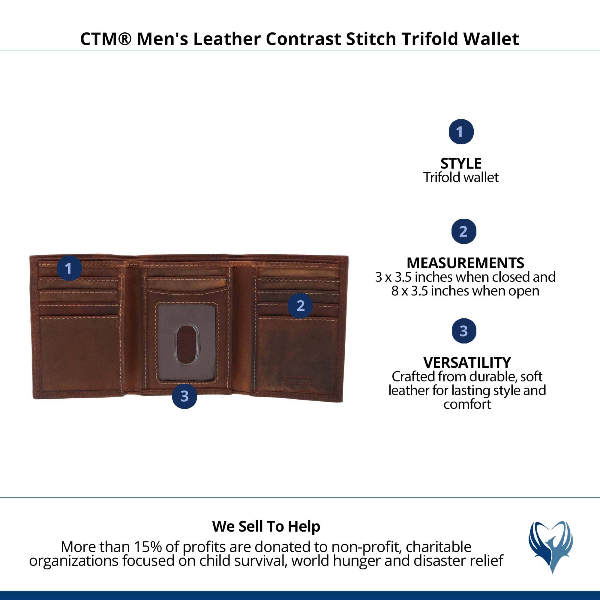 CTM® Men's Leather Contrast Stitch Trifold Wallet - Charcoal