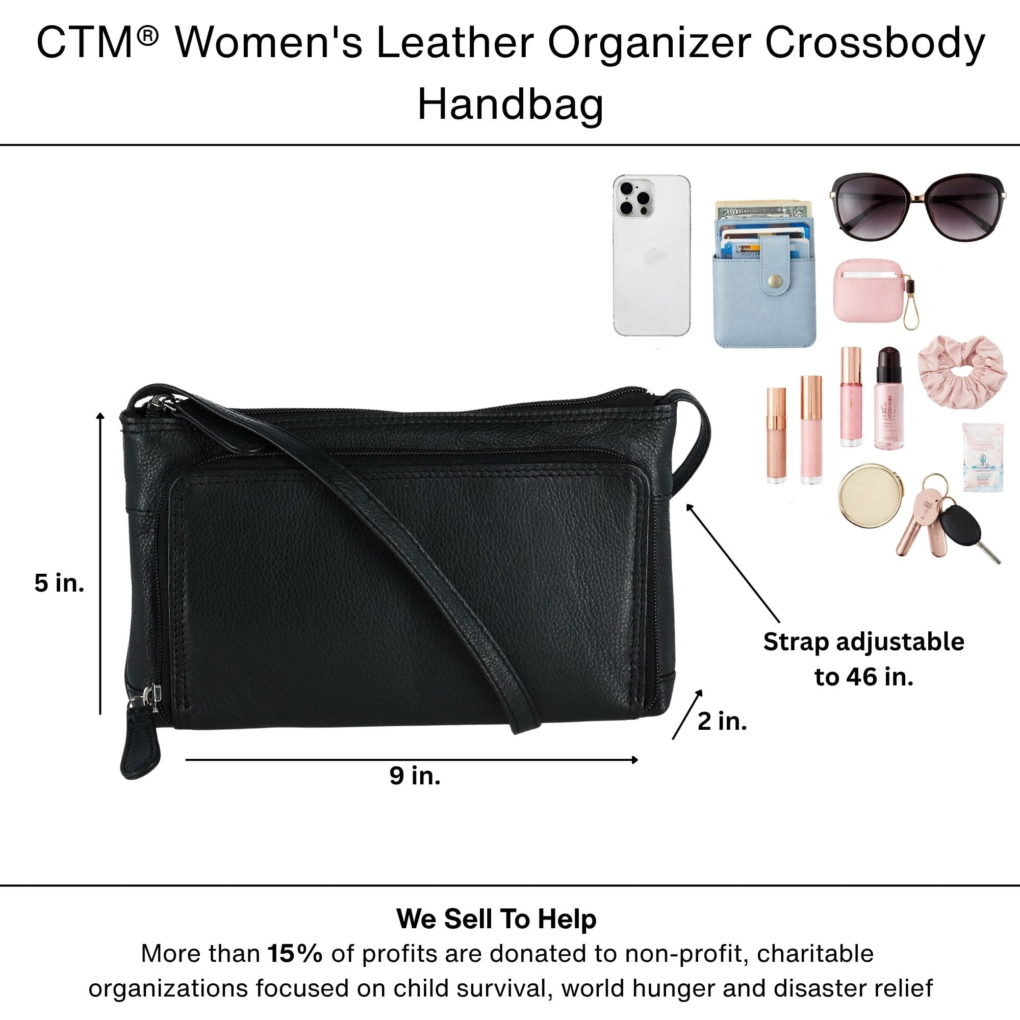 CTM® Women's Leather Organizer Crossbody Handbag - Black