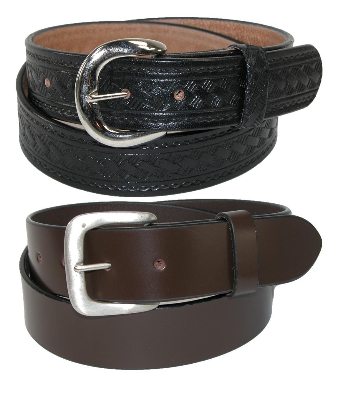 CTM® Men's Leather Removable Buckle Belts (Pack of 2) - Black Basketweave and Brown Plain