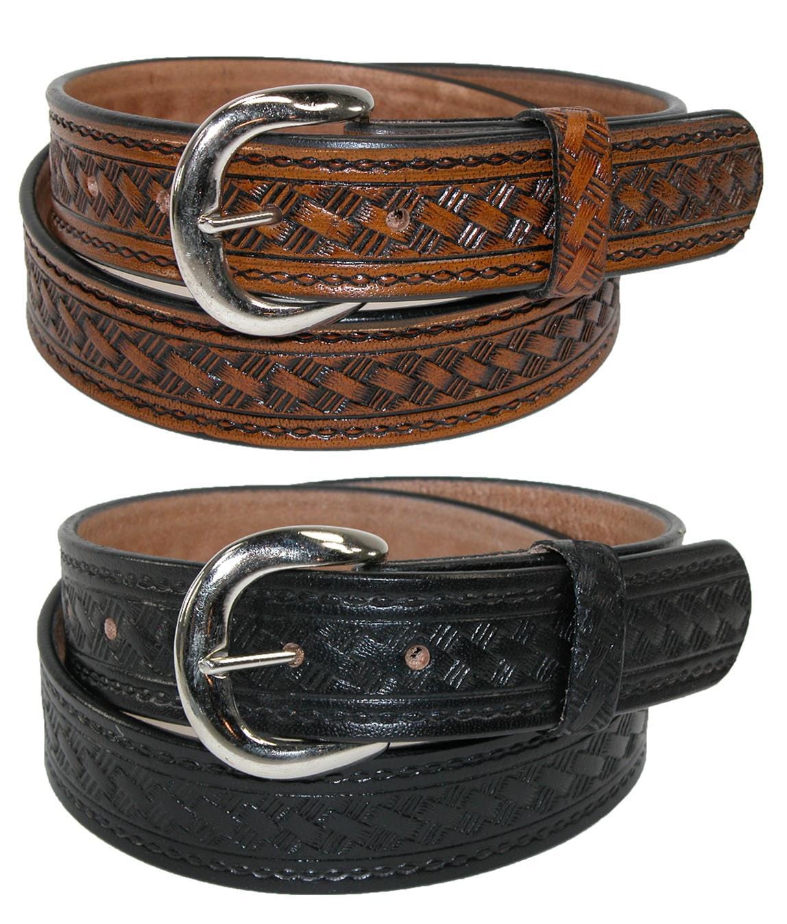 CTM® Men's Leather Removable Buckle Belts (Pack of 2) - Brown Basketweave and Black Plain
