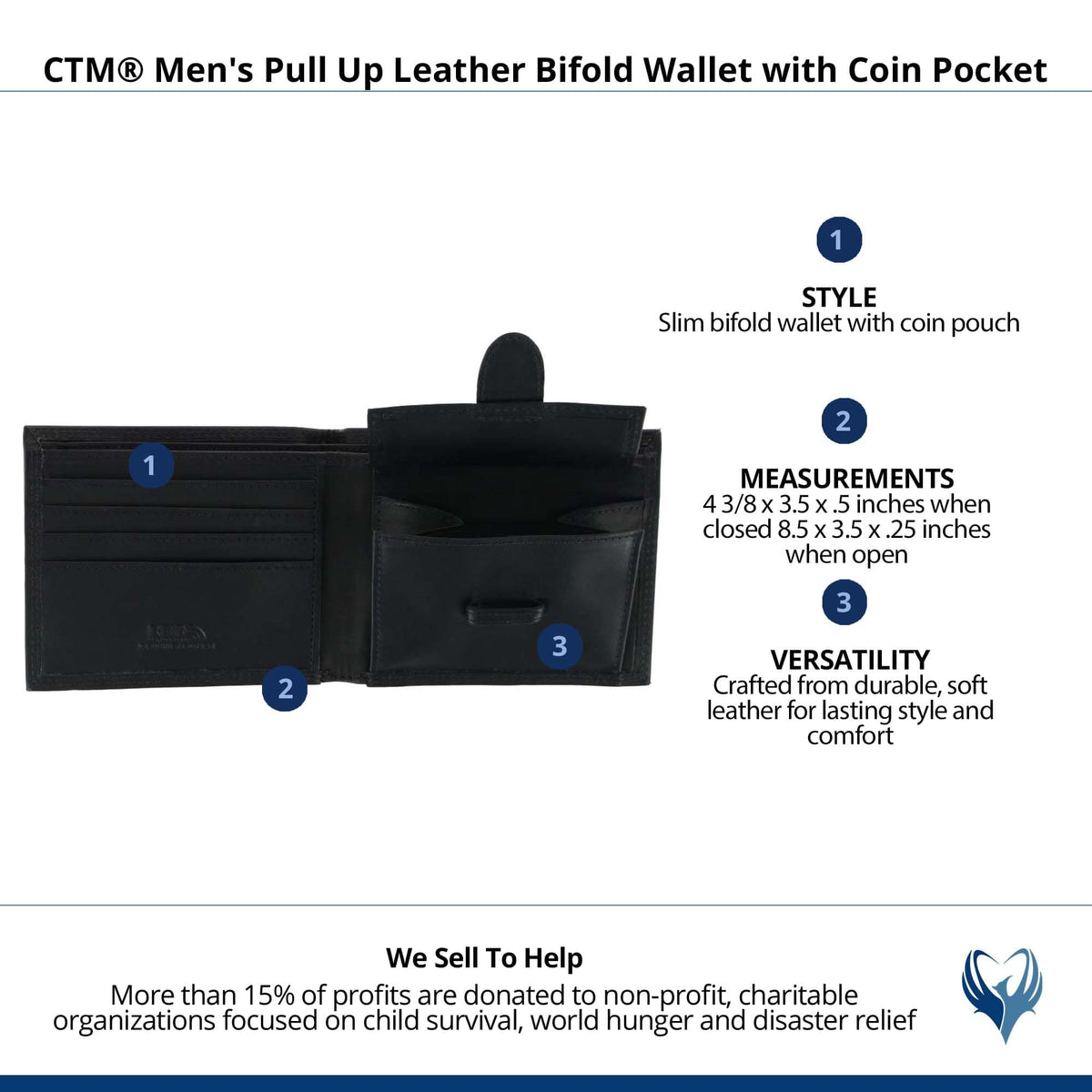 CTM® Men's Pull Up Leather Bifold Wallet with Coin Pocket - Black