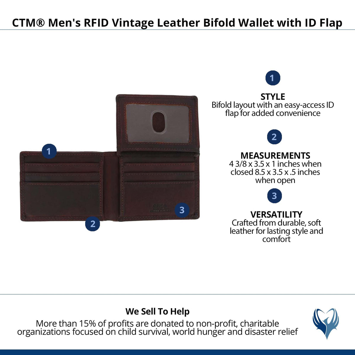 CTM® Men's RFID Vintage Leather Bifold Wallet with ID Flap - Brown