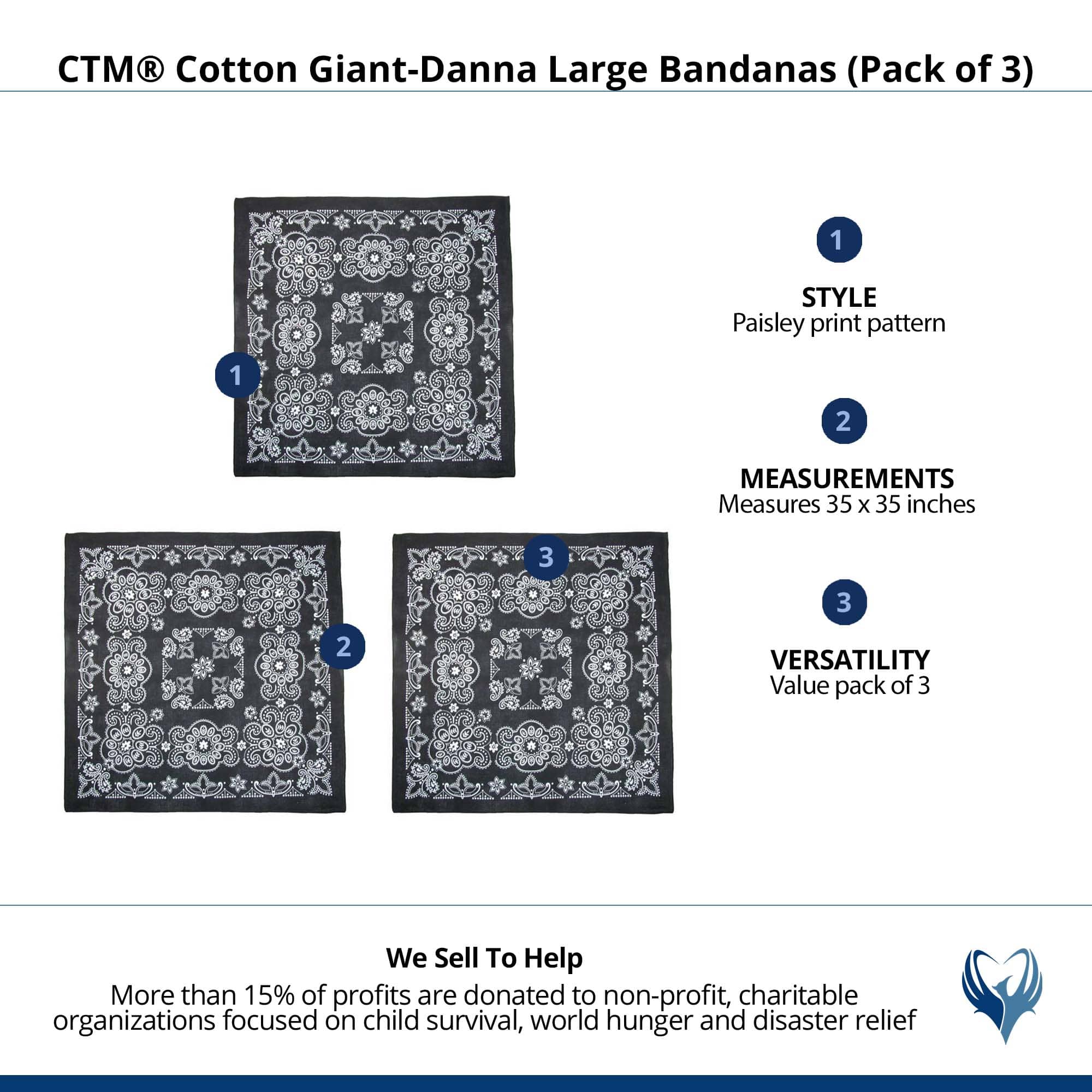 CTM® Cotton Giant-Danna Large Bandanas (Pack of 3) - Black