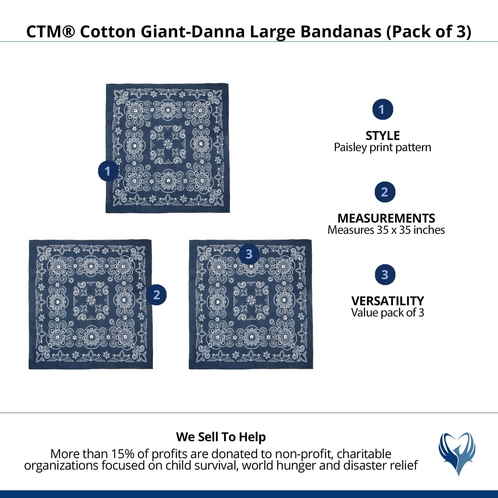 CTM® Cotton Giant-Danna Large Bandanas (Pack of 3) - Navy
