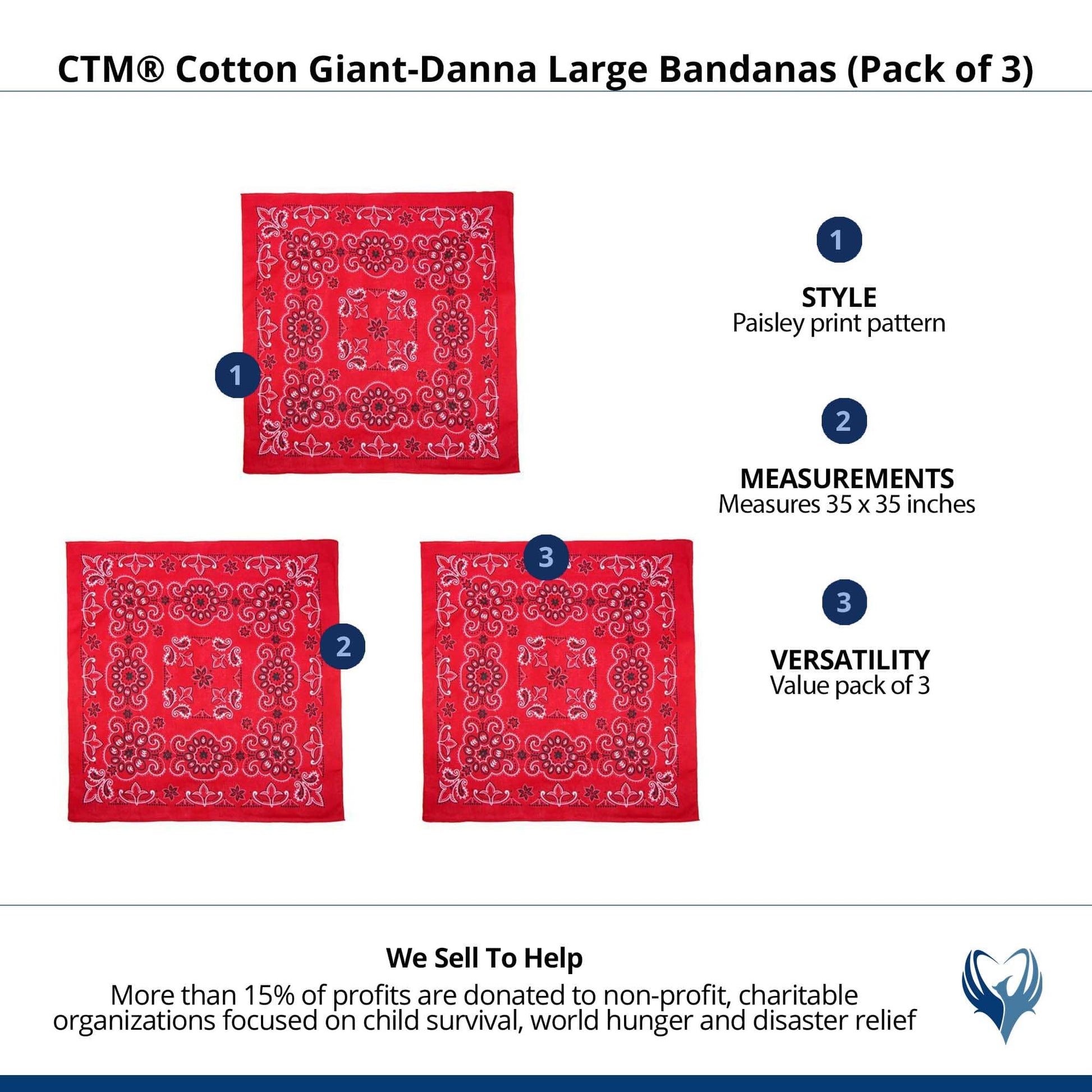 CTM® Cotton Giant-Danna Large Bandanas (Pack of 3) - Red