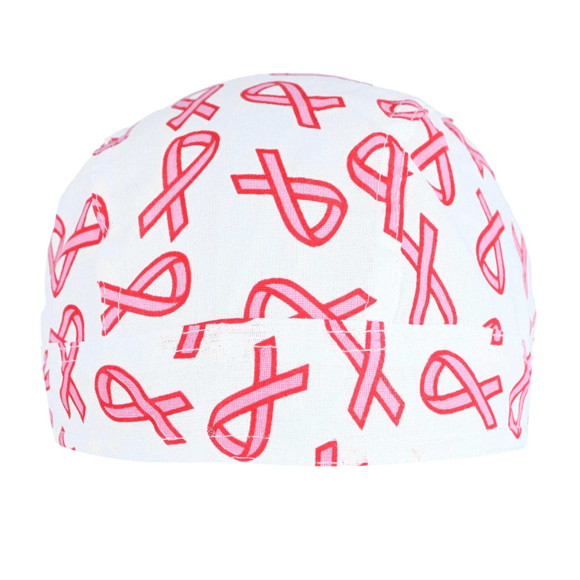 CTM® Premium Cotton Unlined Breast Cancer Pink Ribbon Do Rag - White