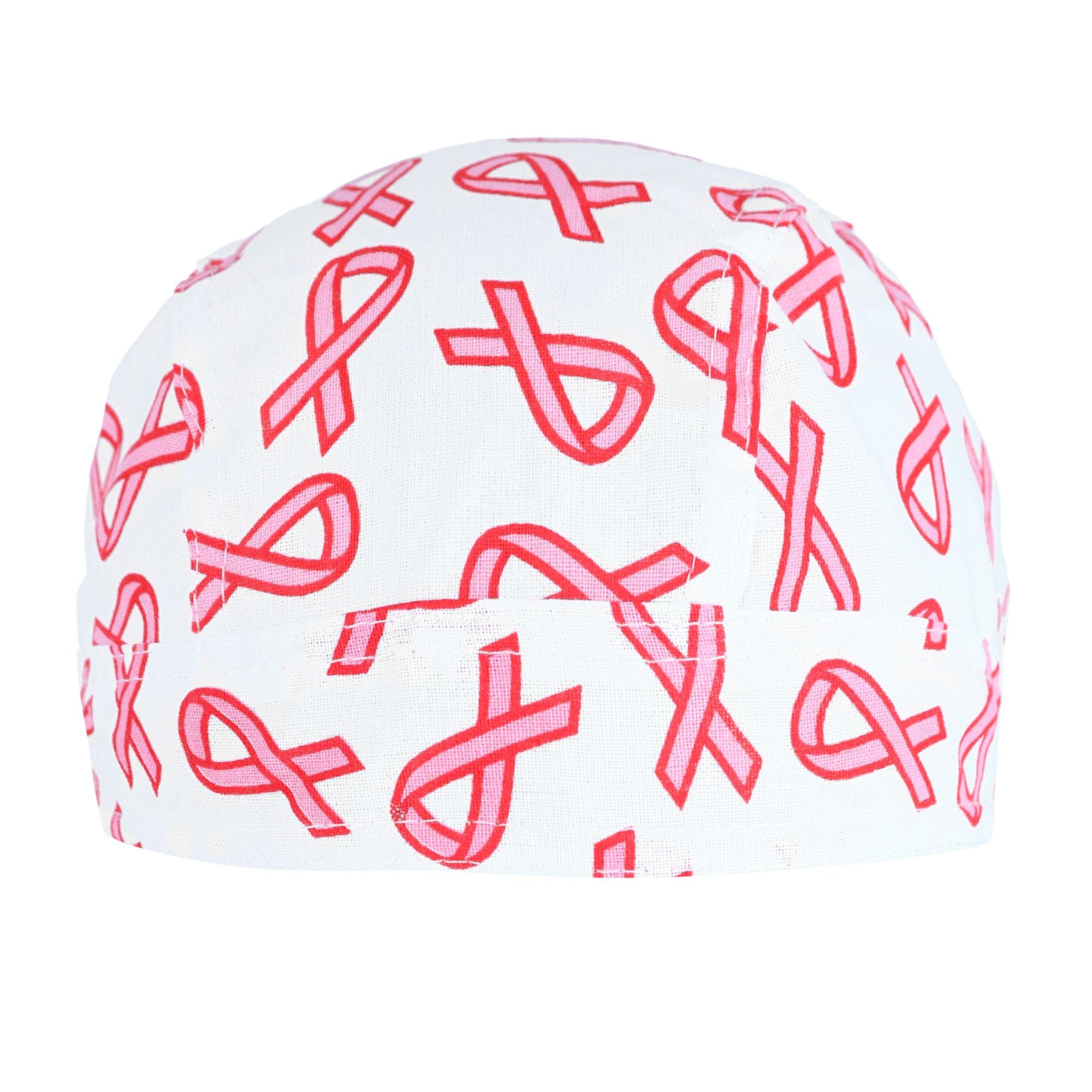 CTM® Premium Cotton Unlined Breast Cancer Pink Ribbon Do Rag - White