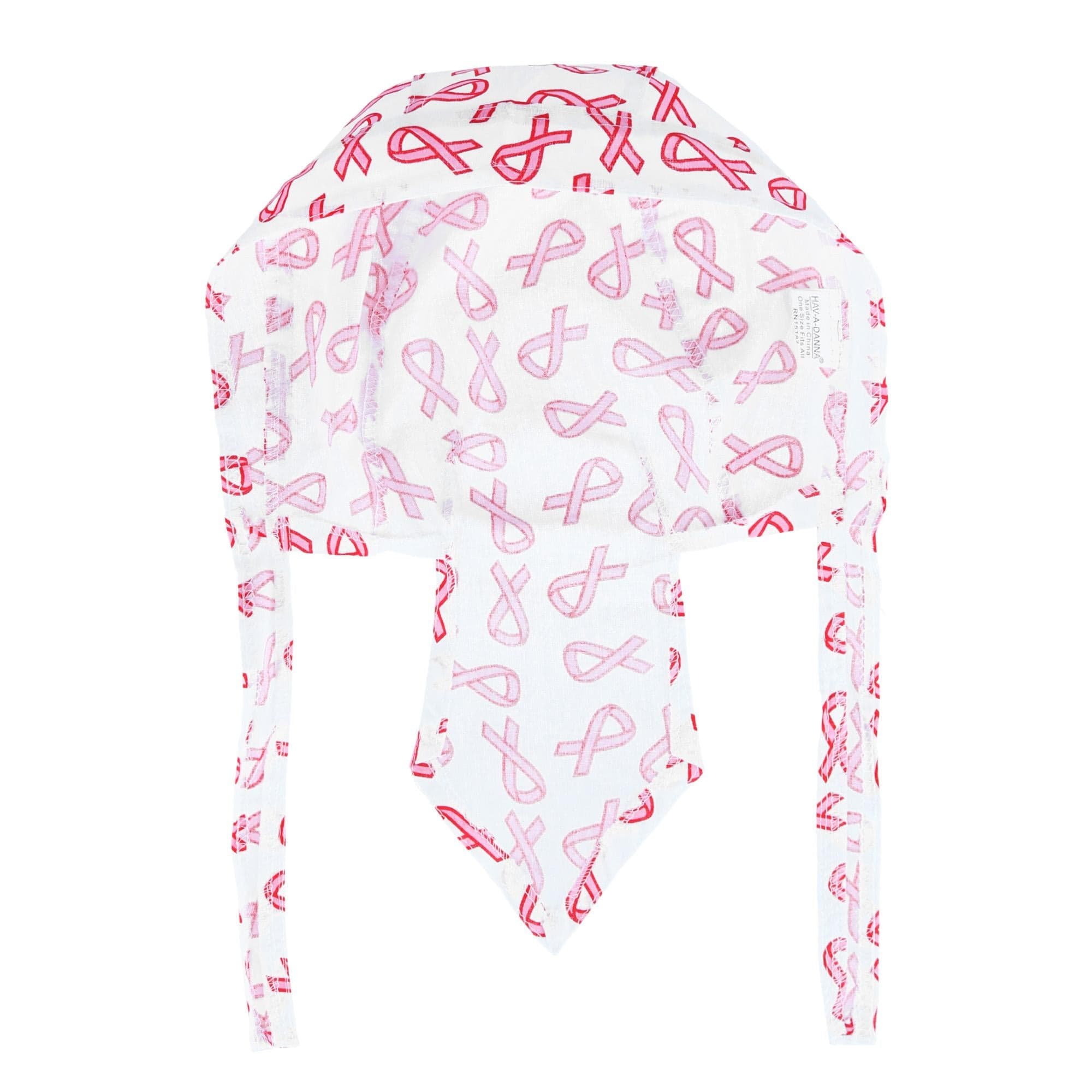 CTM® Premium Cotton Unlined Breast Cancer Pink Ribbon Do Rag - White