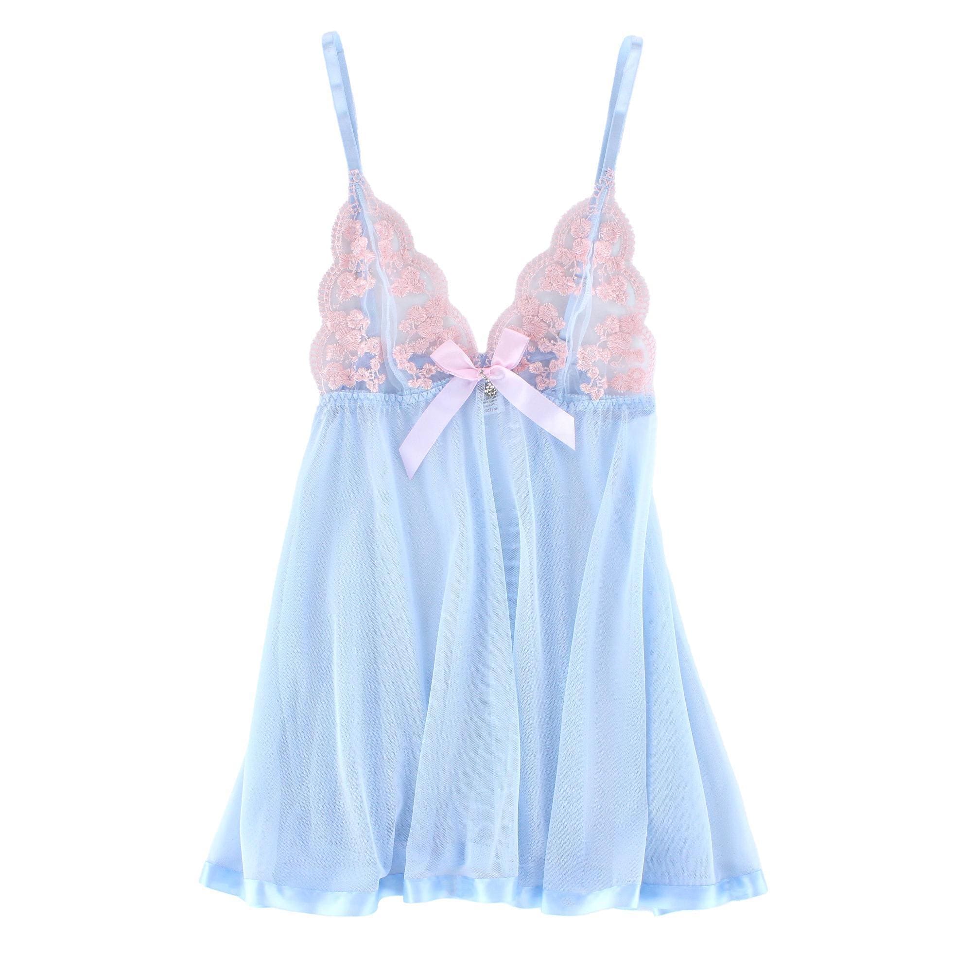 Spree Women's Sheer Mesh Babydoll Top and Matching Thong Set - Blue