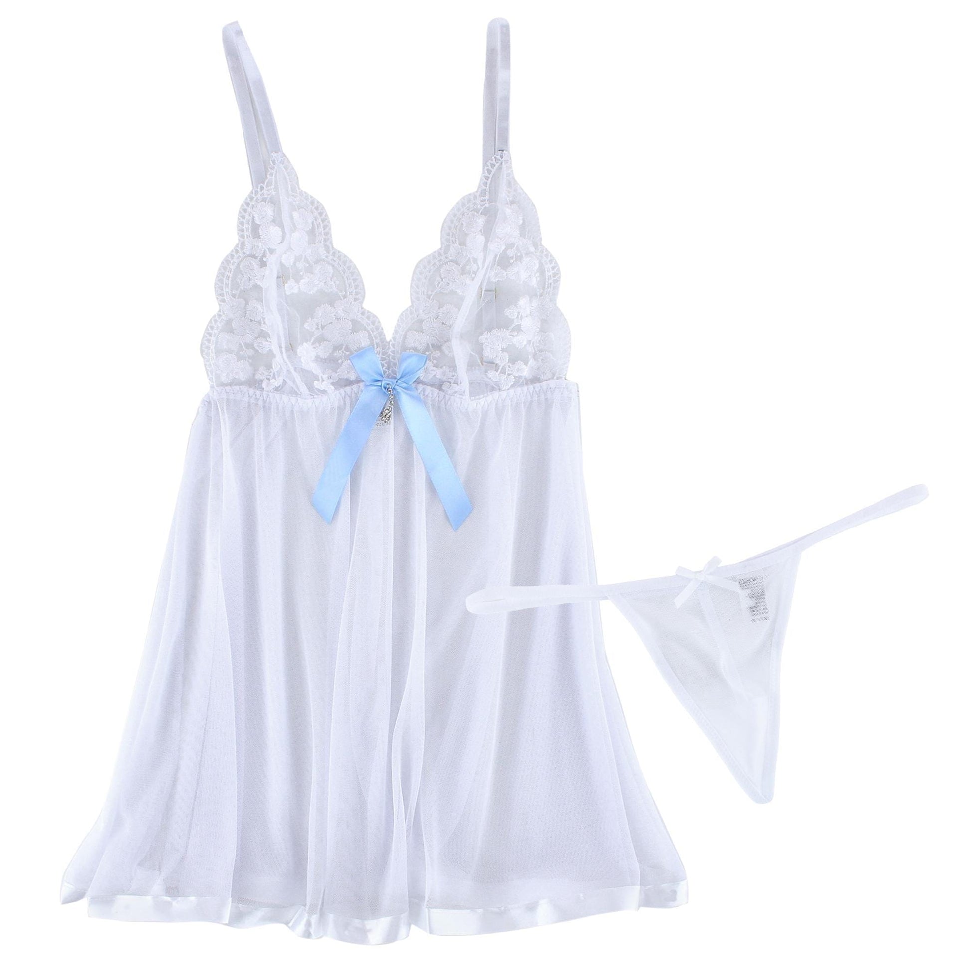 Spree Women's Sheer Mesh Babydoll Top and Matching Thong Set - White