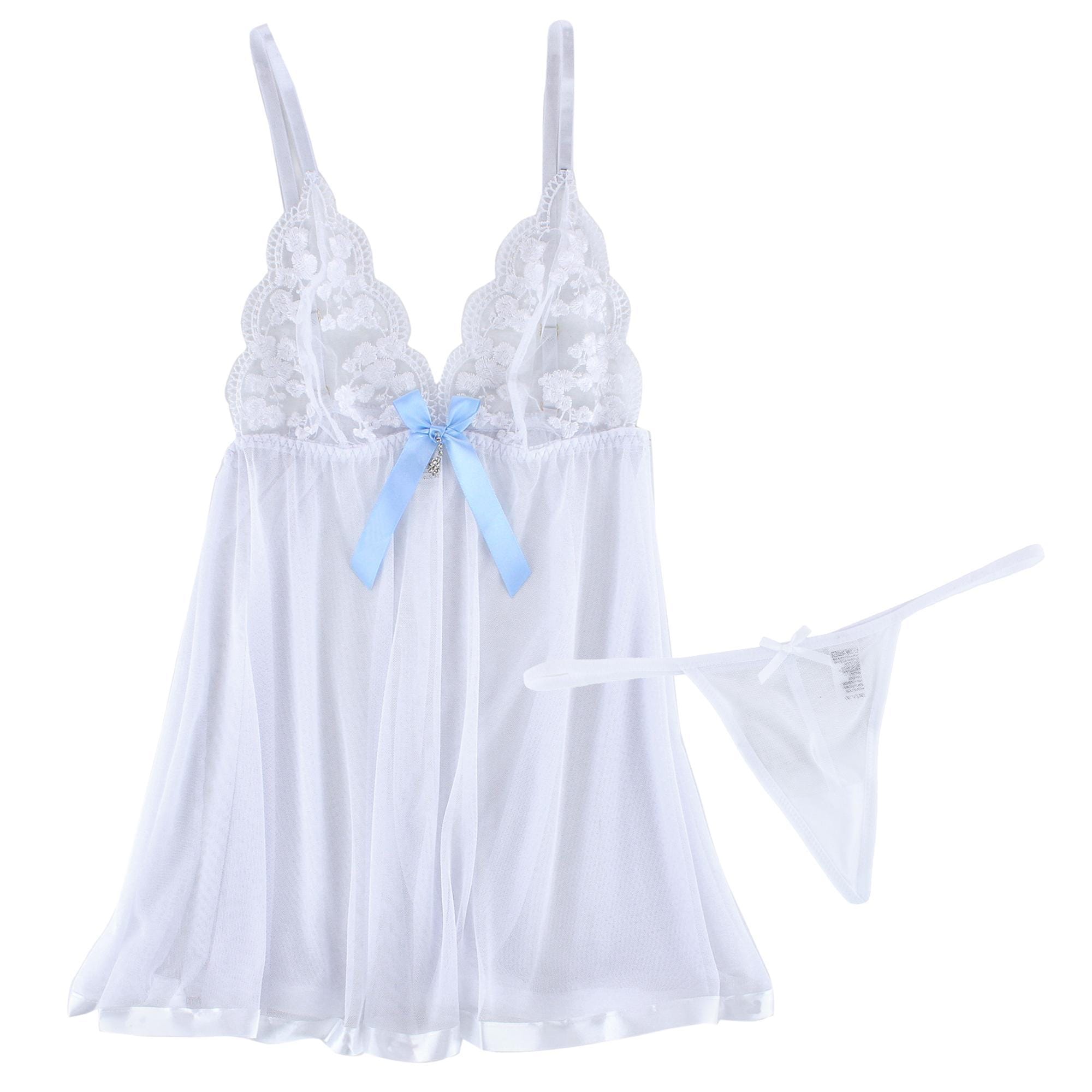 Spree Women's Sheer Mesh Babydoll Top and Matching Thong Set - White