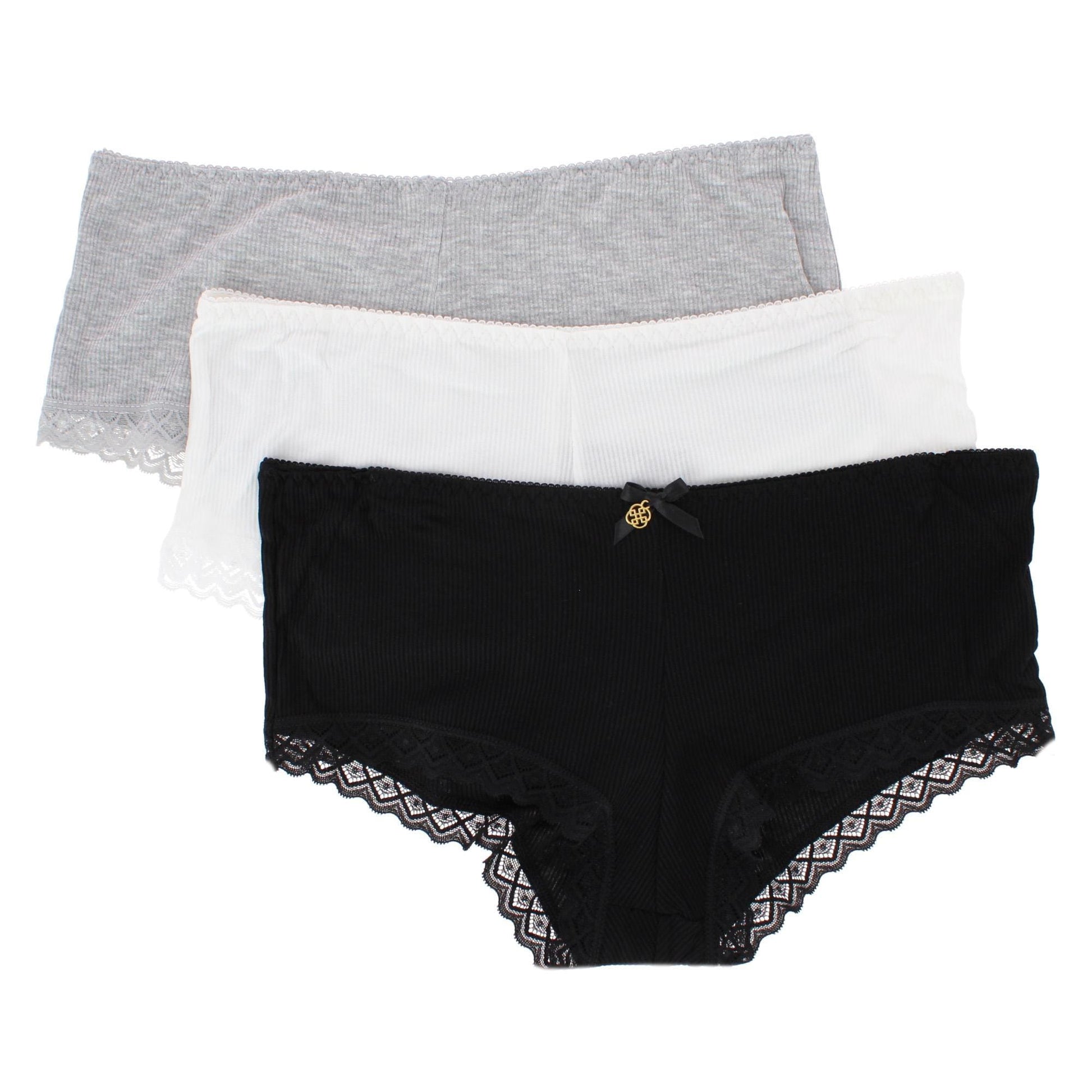 Daisy Fuentes Women's Ribbed Lace Trim Boyshort Panty 3-Pack - Black/Gray/White