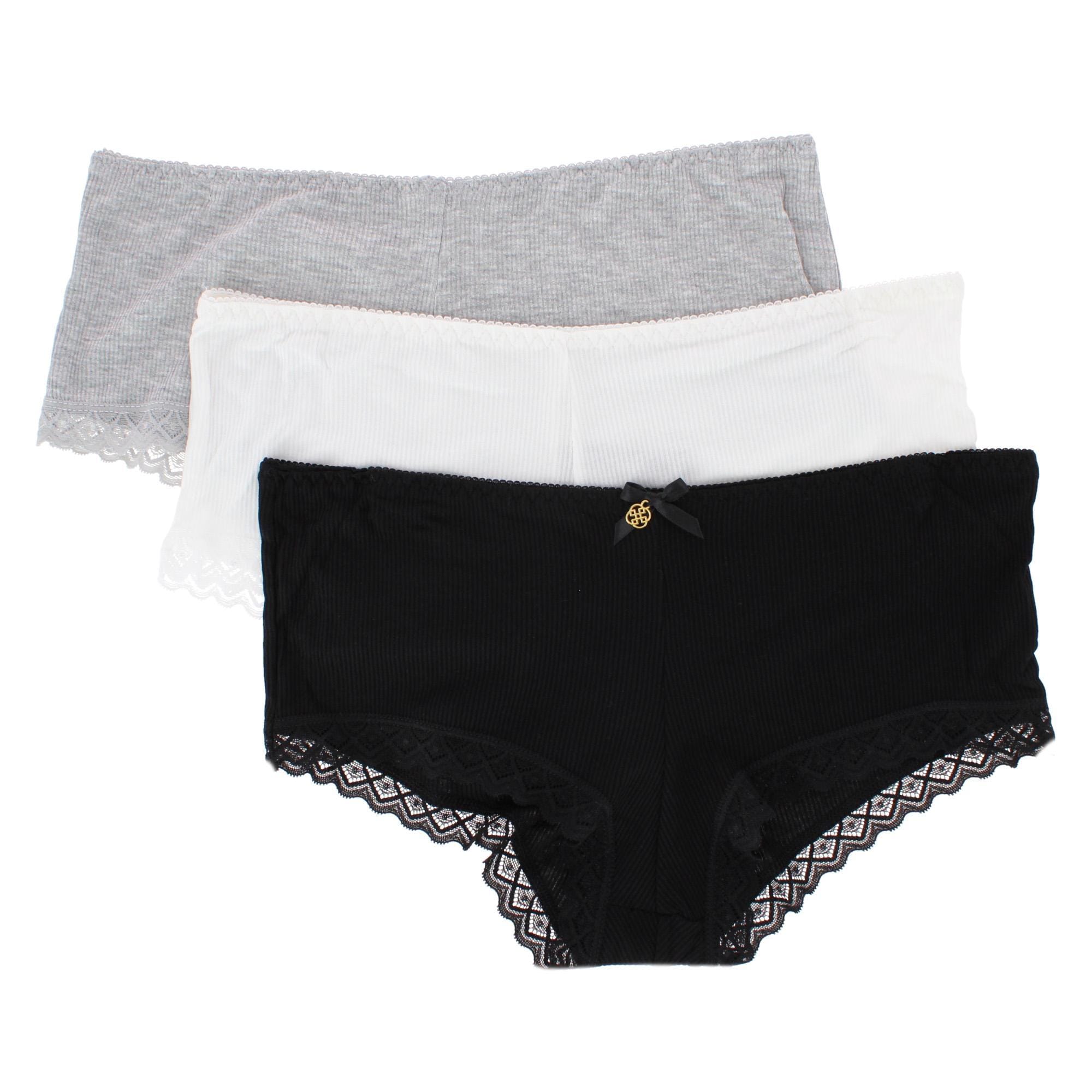 Daisy Fuentes Women's Ribbed Lace Trim Boyshort Panty 3-Pack - Black/Gray/White