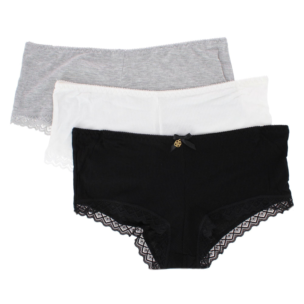 Daisy Fuentes Women's Ribbed Lace Trim Boyshort Panty 3-Pack - Black/Gray/White