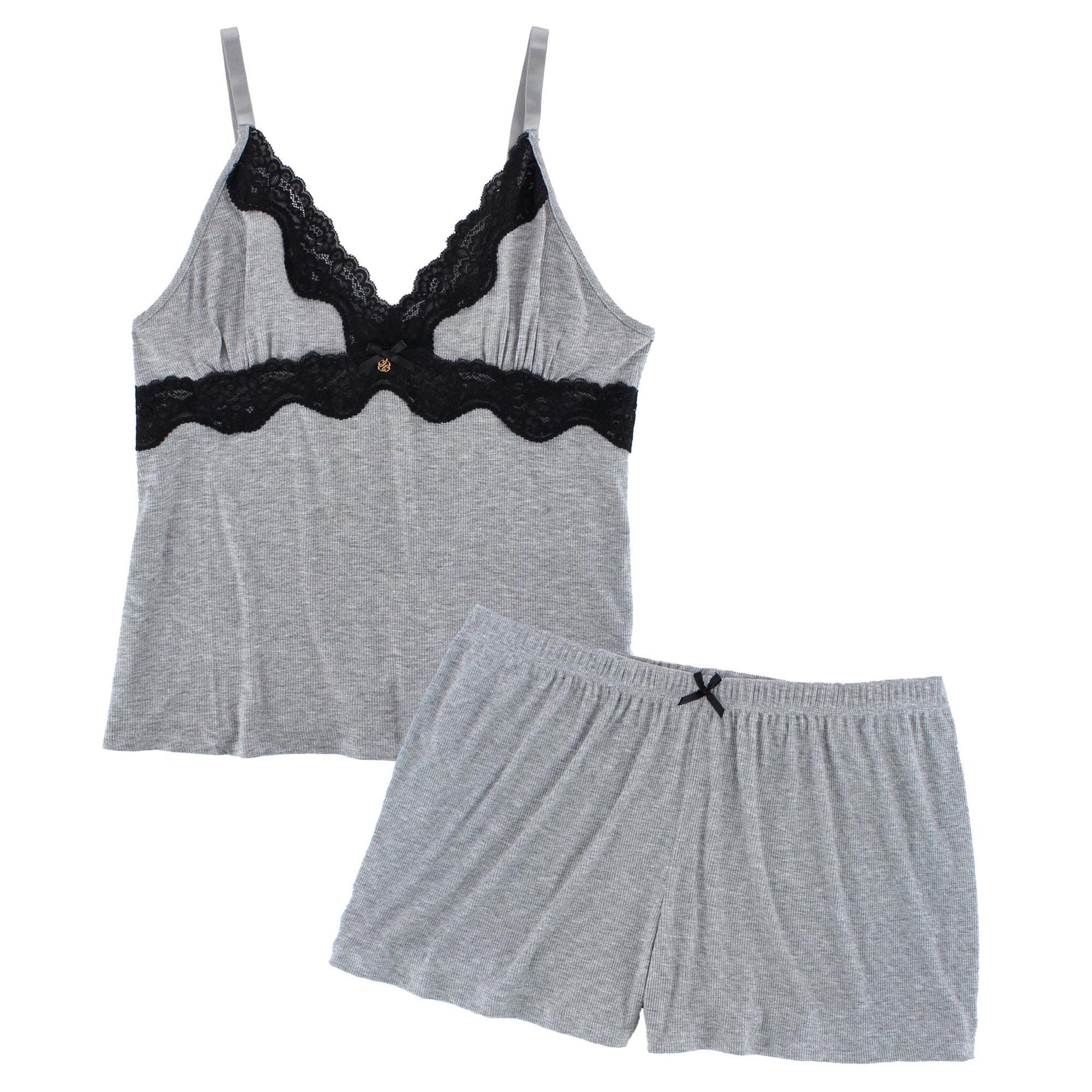 Daisy Fuentes Women's Plus Size Ribbed Lace Cami and Shorts Sleep Set - Heather Gray