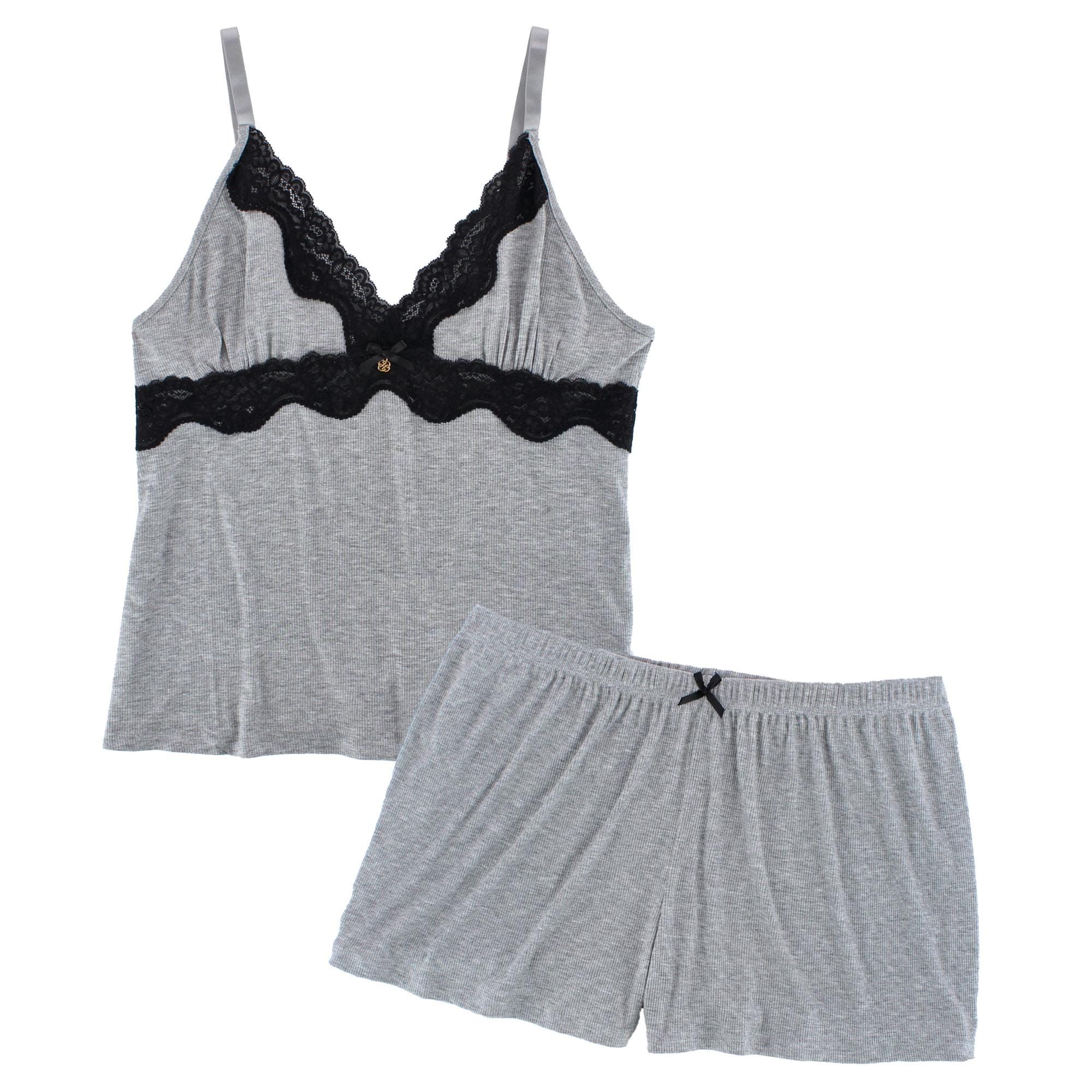 Daisy Fuentes Women's Plus Size Ribbed Lace Cami and Shorts Sleep Set - Heather Gray