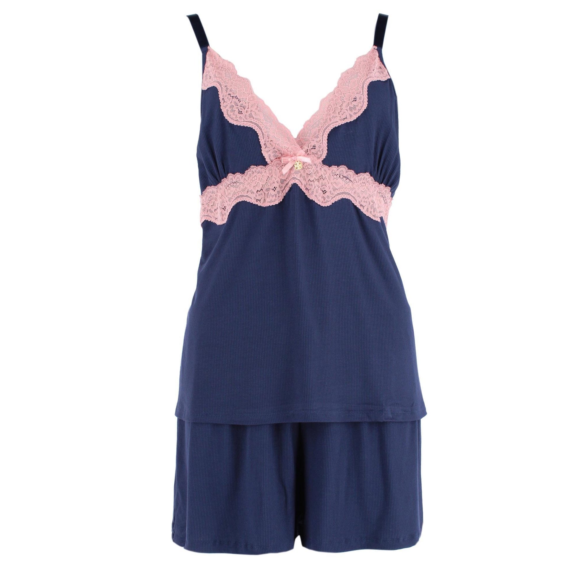 Daisy Fuentes Women's Plus Size Ribbed Lace Cami and Shorts Sleep Set - Navy