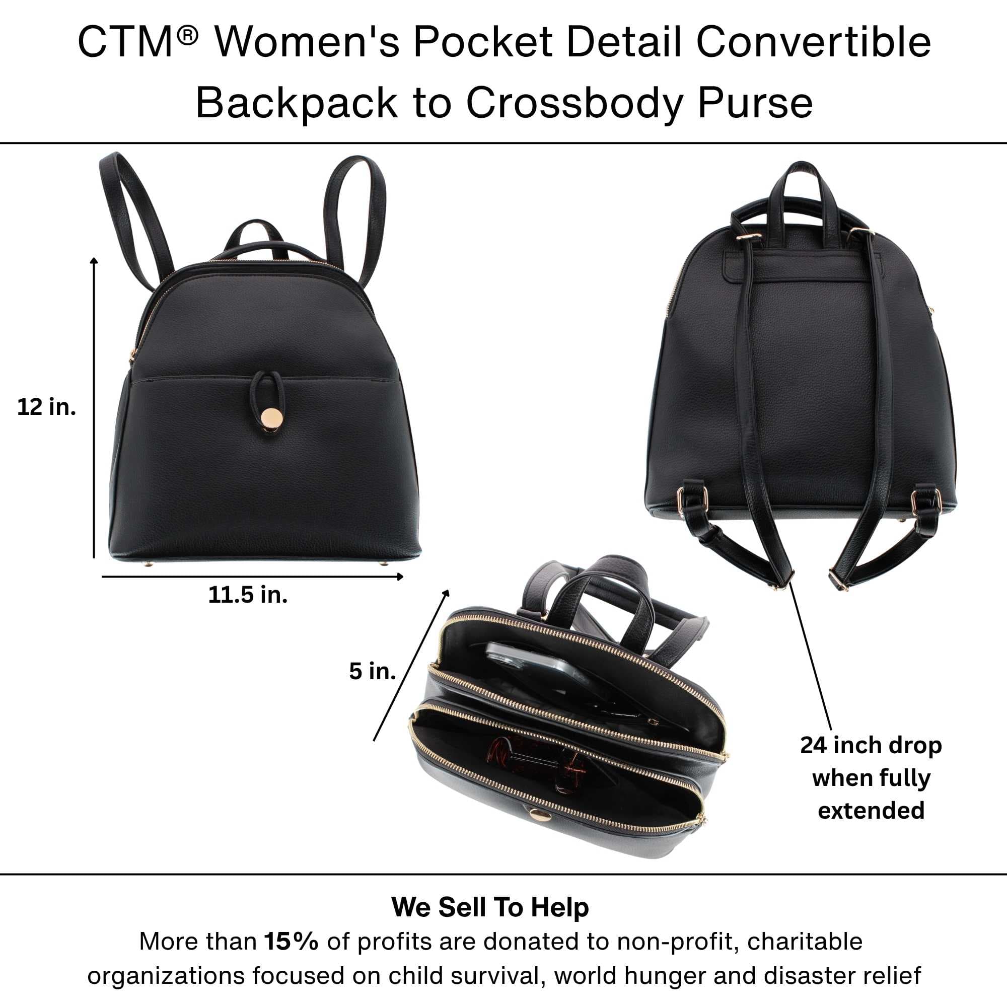 CTM® Women's Pocket Detail Convertible Backpack to Crossbody Purse - Black