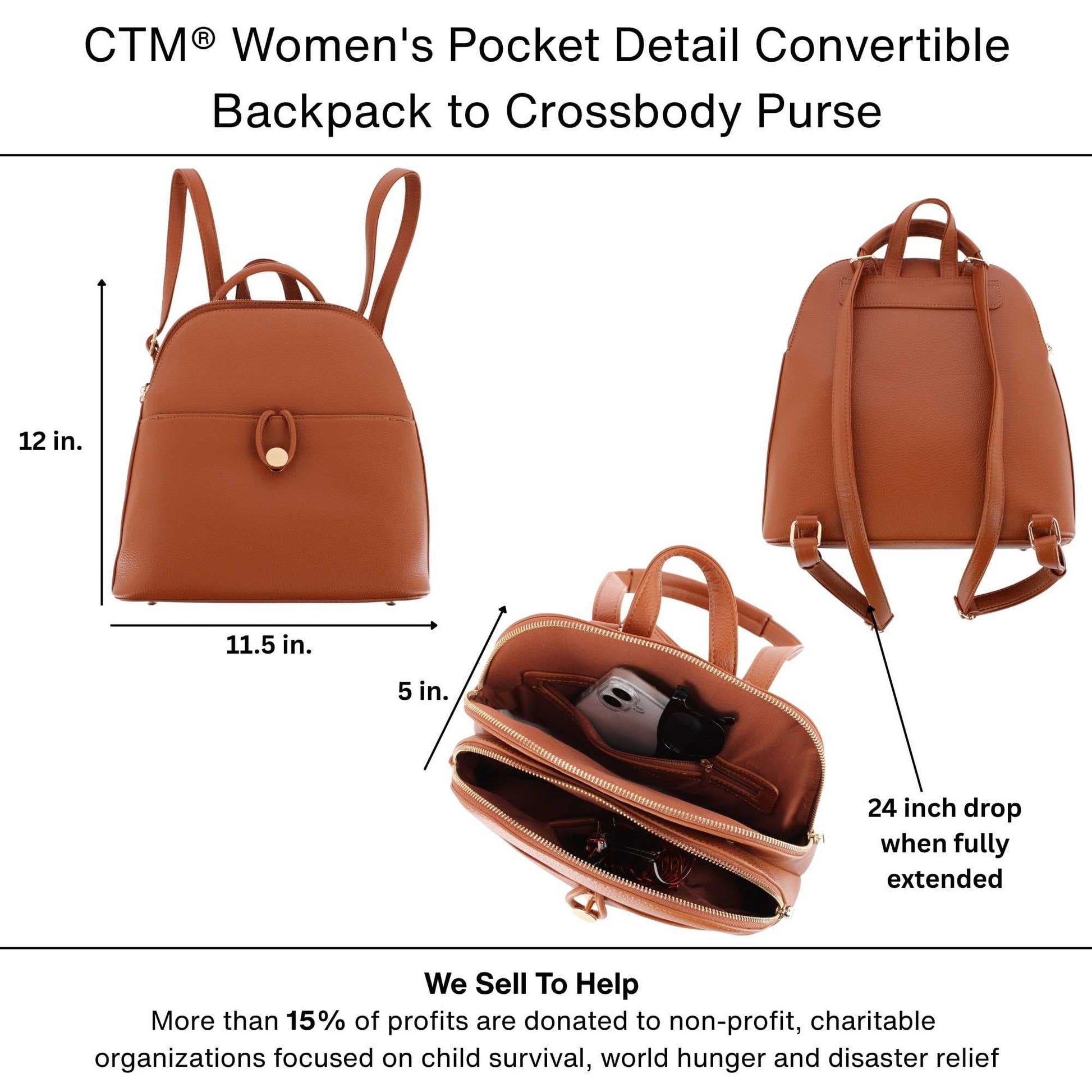 CTM® Women's Pocket Detail Convertible Backpack to Crossbody Purse - Brown