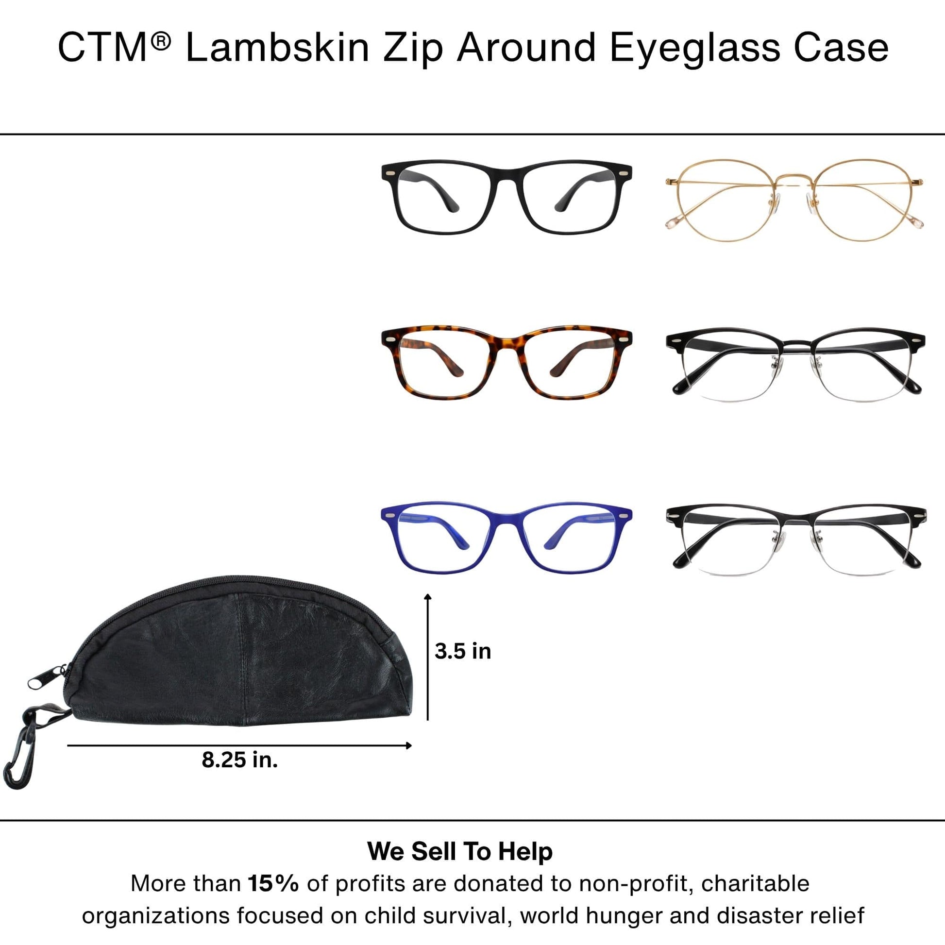 CTM® Lambskin Zip Around Eyeglass Case - Black