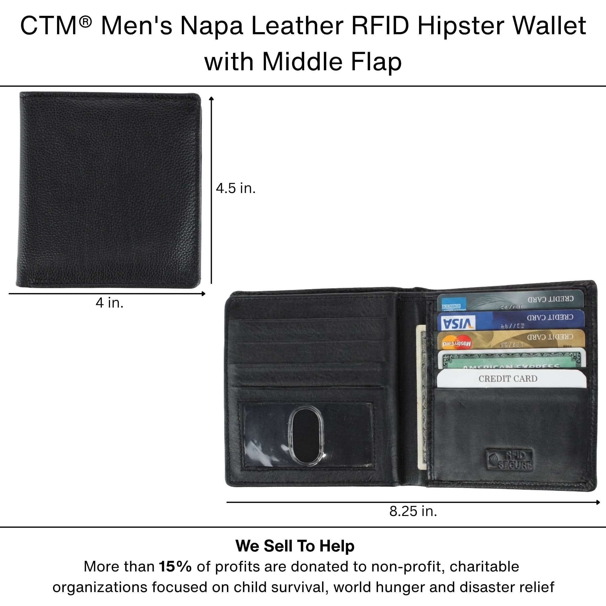 CTM® Men's Napa Leather RFID Hipster Wallet with Middle Flap - Brown