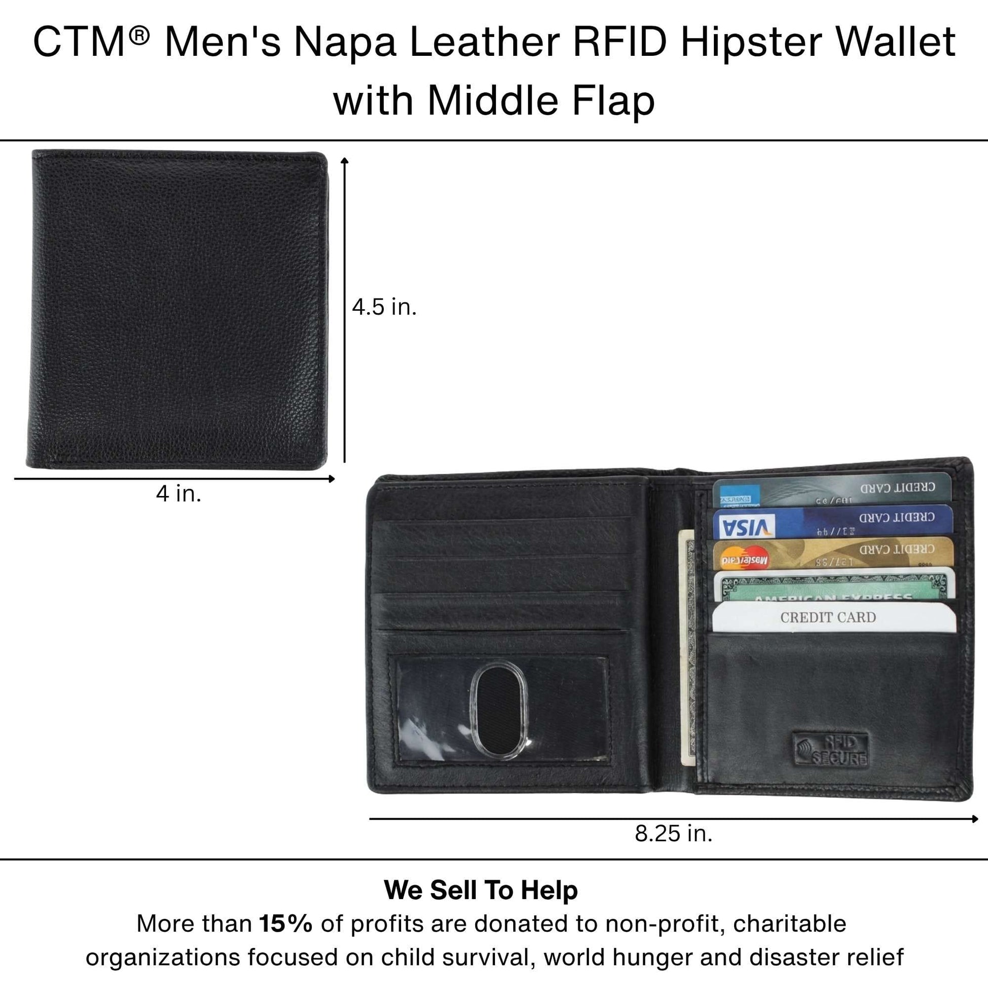 CTM® Men's Napa Leather RFID Hipster Wallet with Middle Flap - Black