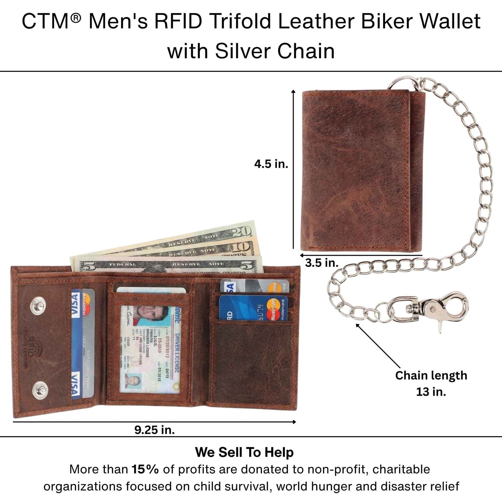 CTM® Men's RFID Trifold Leather Biker Wallet with Silver Chain - Tan