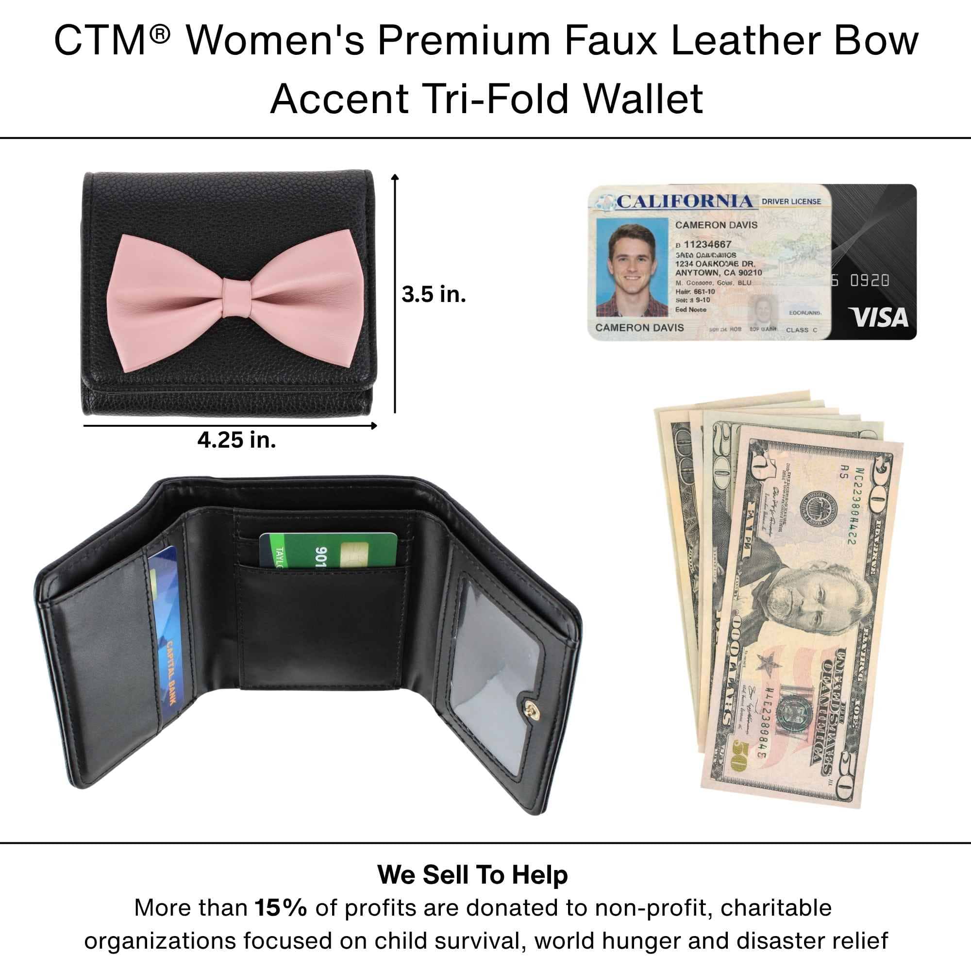 CTM® Women's Premium Faux Leather Bow Accent Tri-Fold Wallet - Black with Pink Bow