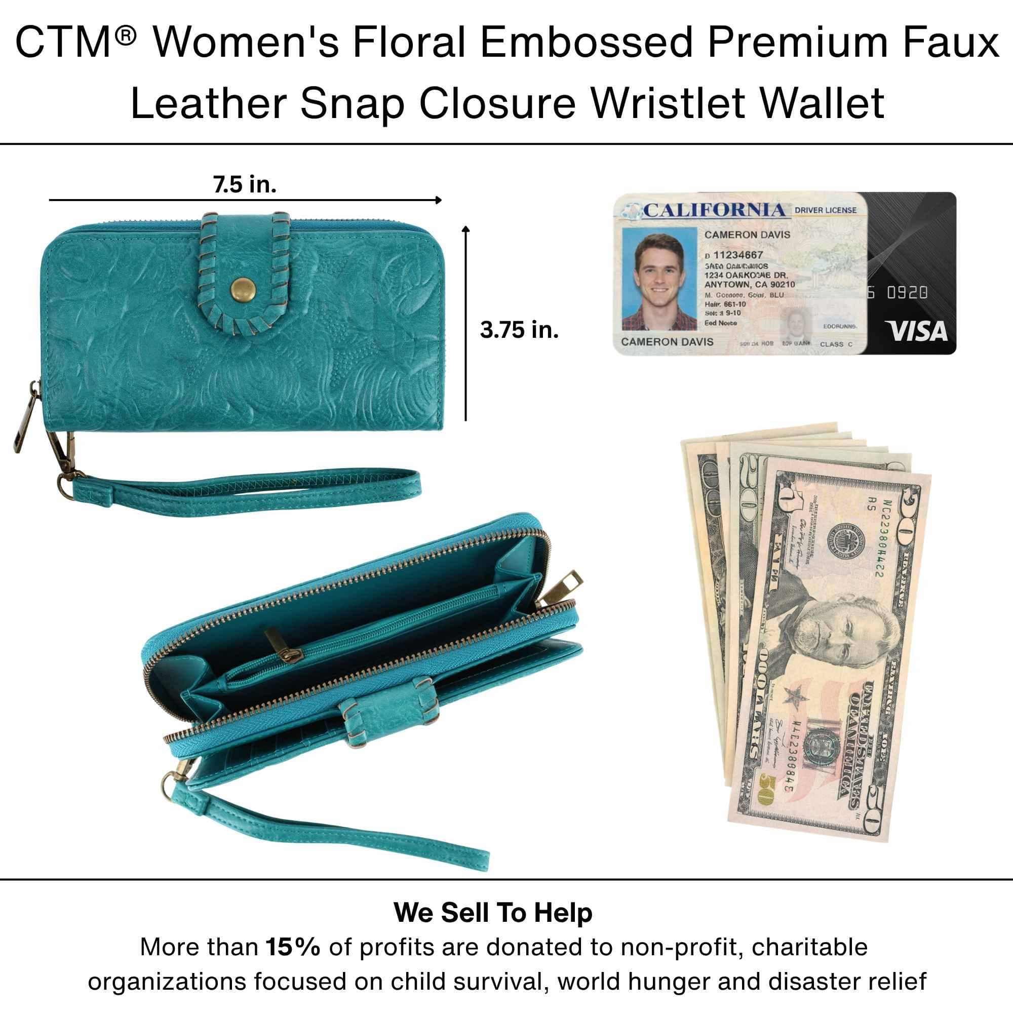CTM® Women's Floral Embossed Premium Faux LeatherWristlet Wallet - Teal