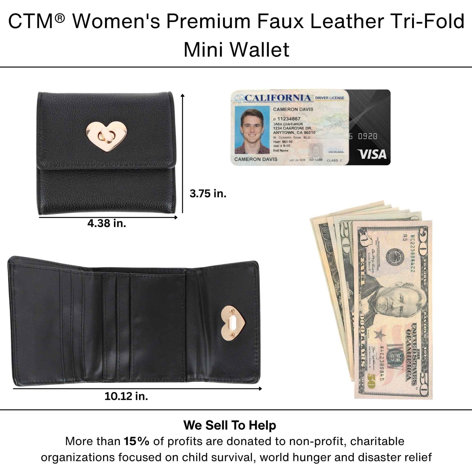 CTM® Women's Premium Faux Leather Tri-Fold Mini Wallet - Black
