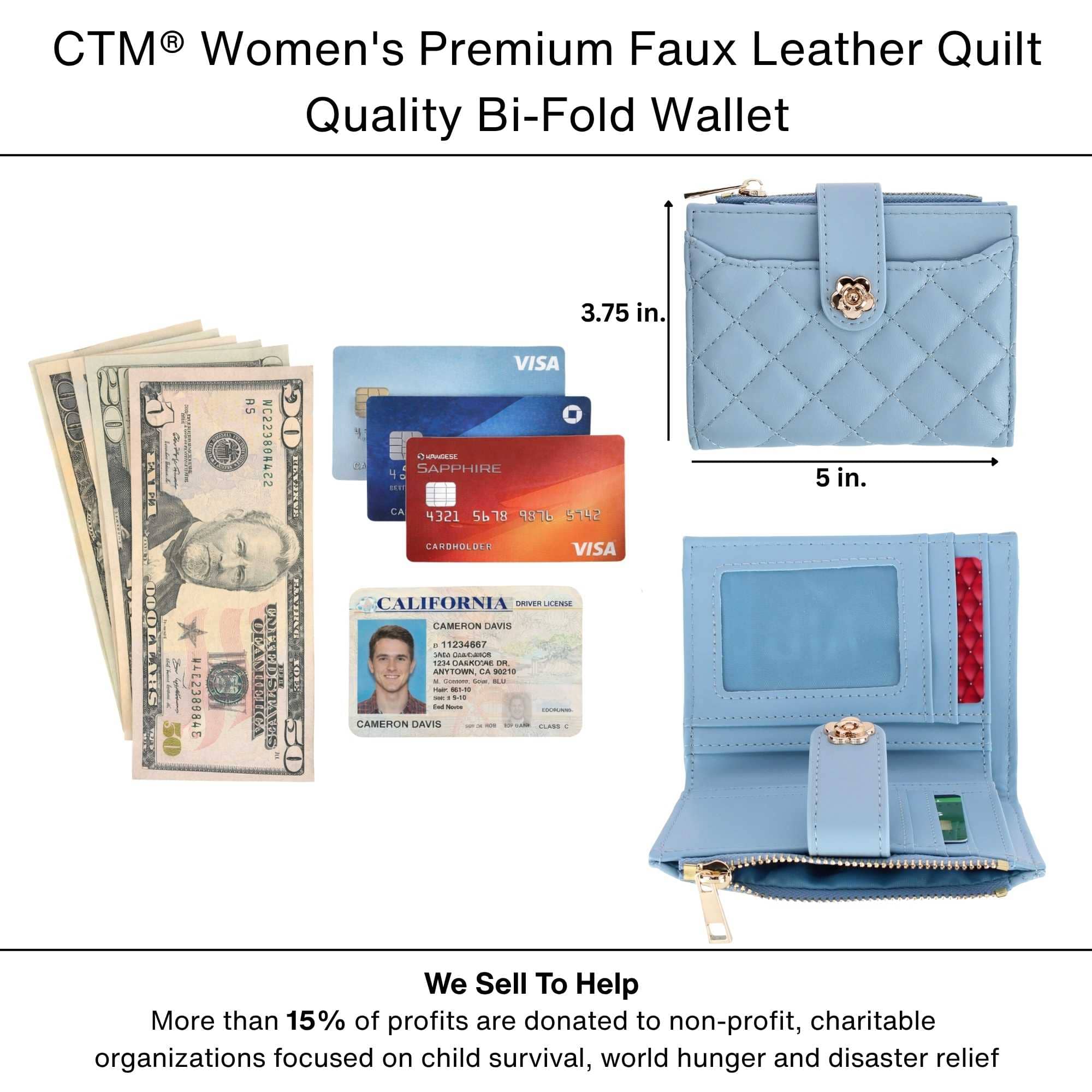 CTM® Women's Premium Faux Leather Quilt Quality Bi-Fold Wallet - Pink