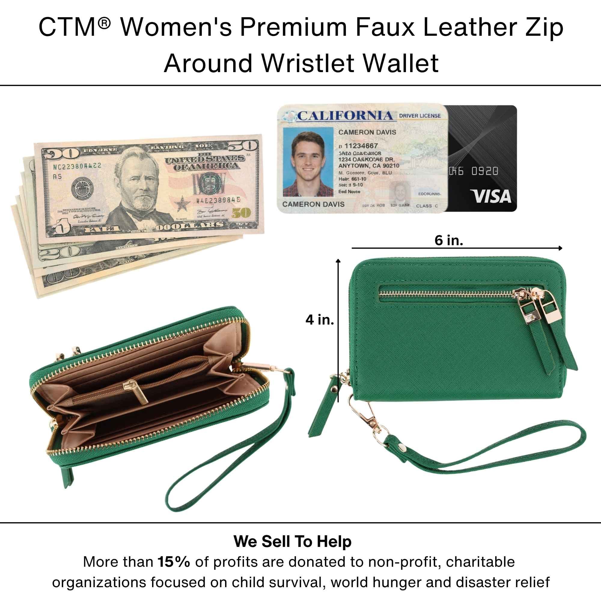 CTM® Women's Premium Faux Leather Zip Around Wristlet Wallet - Green