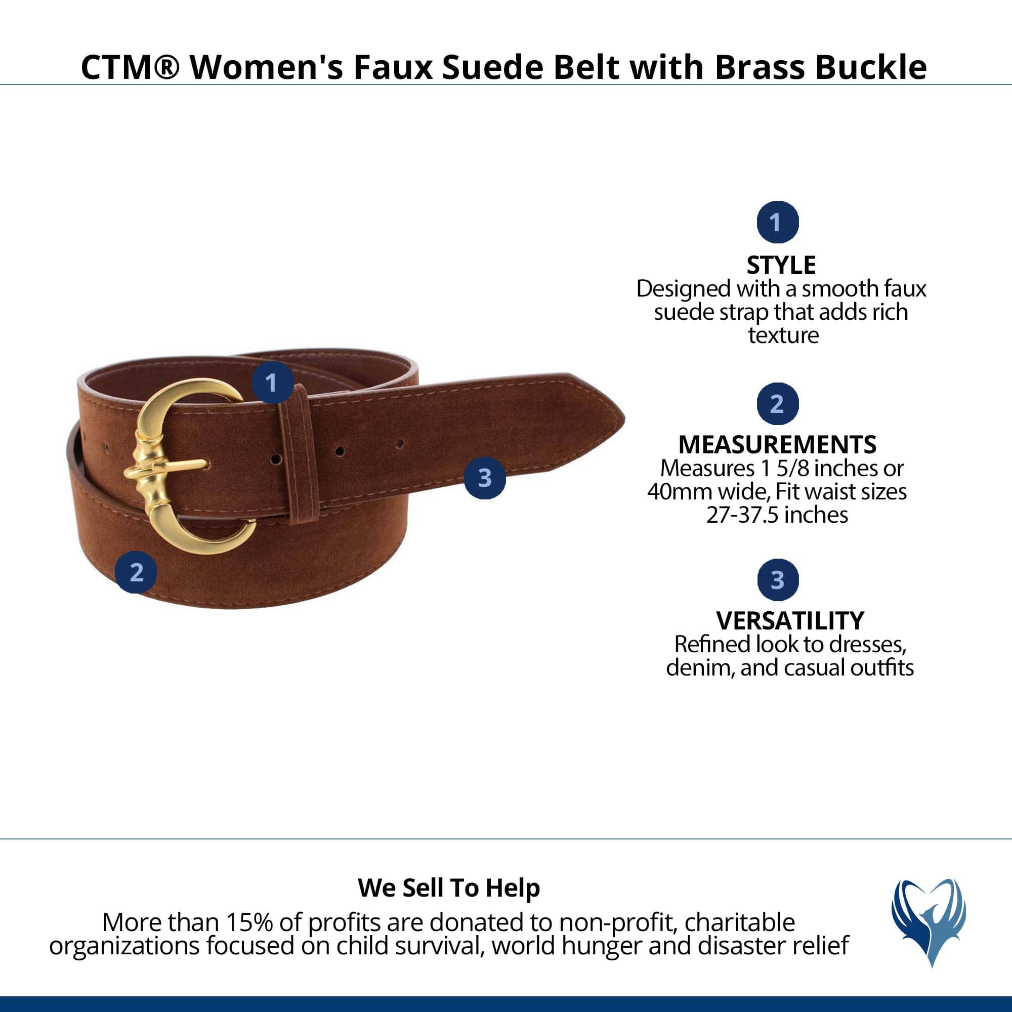 CTM® Women's Faux Suede Belt with Brass Buckle - Brown