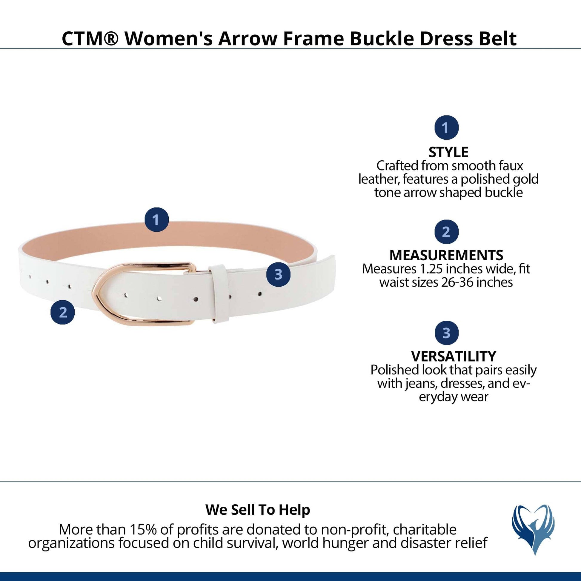 CTM® Women's Arrow Frame Buckle Dress Belt - White