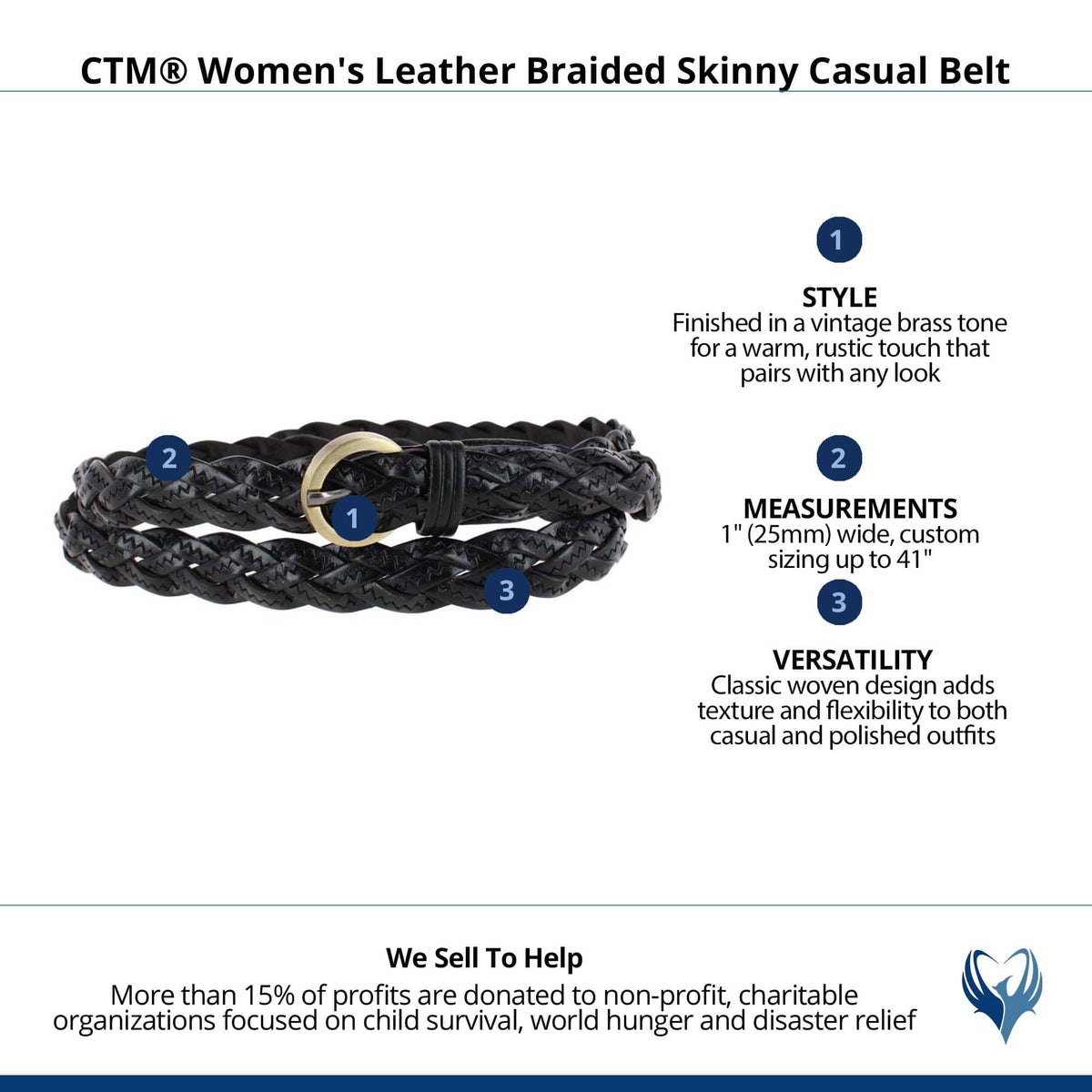 CTM® Women's Leather Braided Skinny Casual Belt - Black