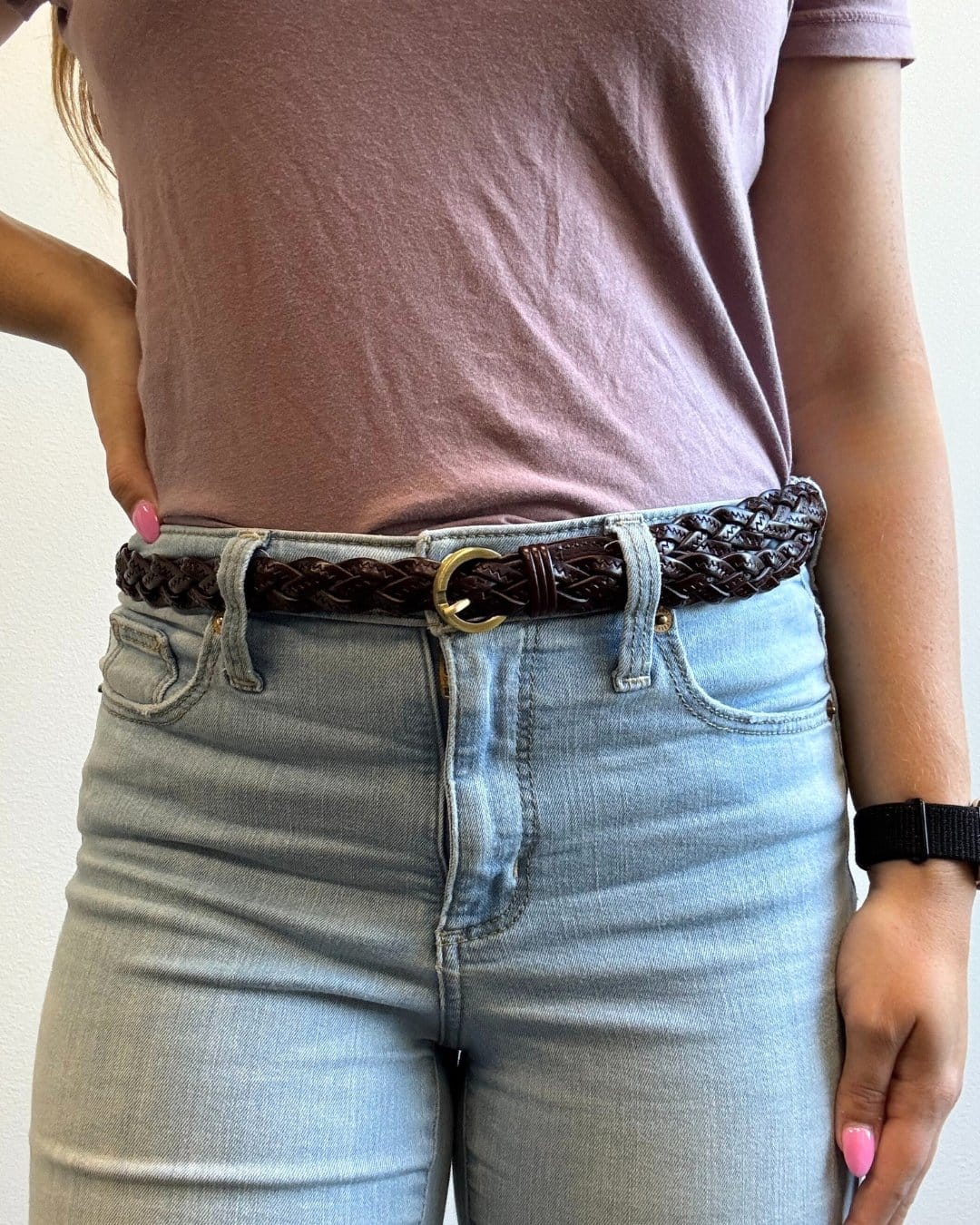 CTM® Women's Leather Braided Skinny Casual Belt - Brown