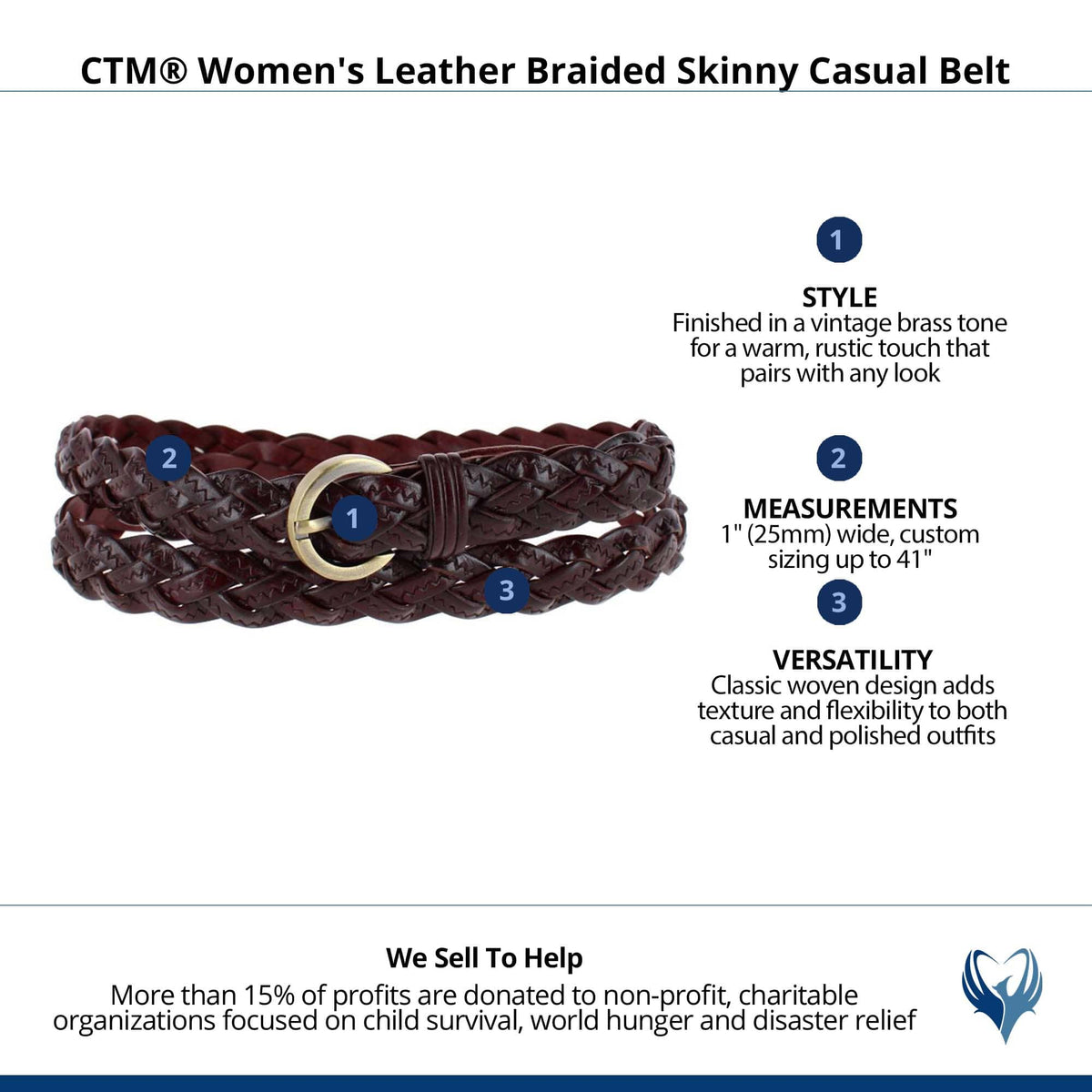 CTM® Women's Leather Braided Skinny Casual Belt - Brown