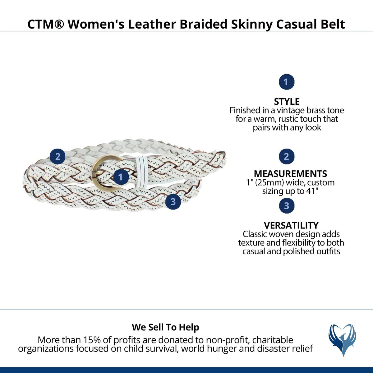 CTM® Women's Leather Braided Skinny Casual Belt - White