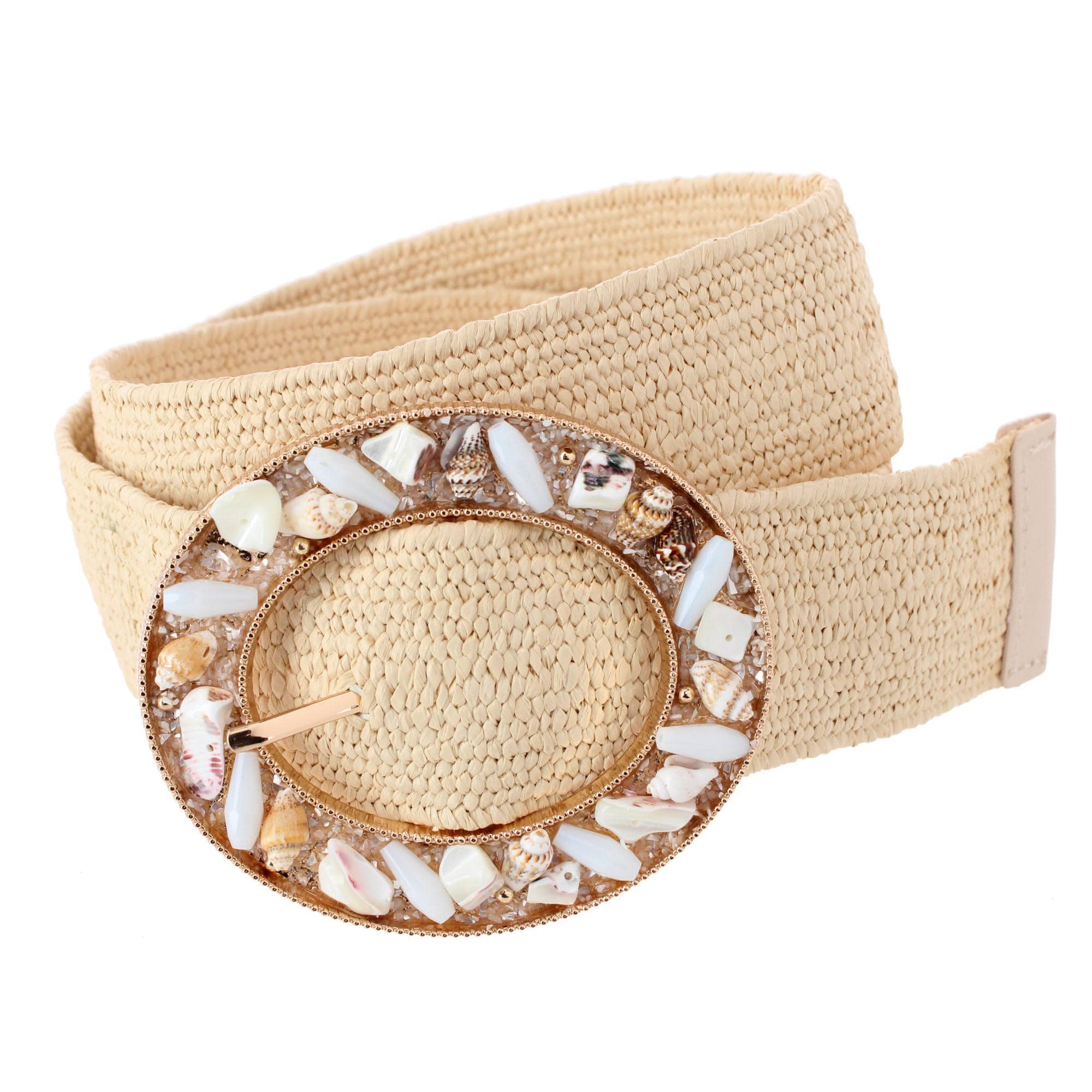 CTM Women's One Size Raffia Stretch Belt with SeaShell Buckle