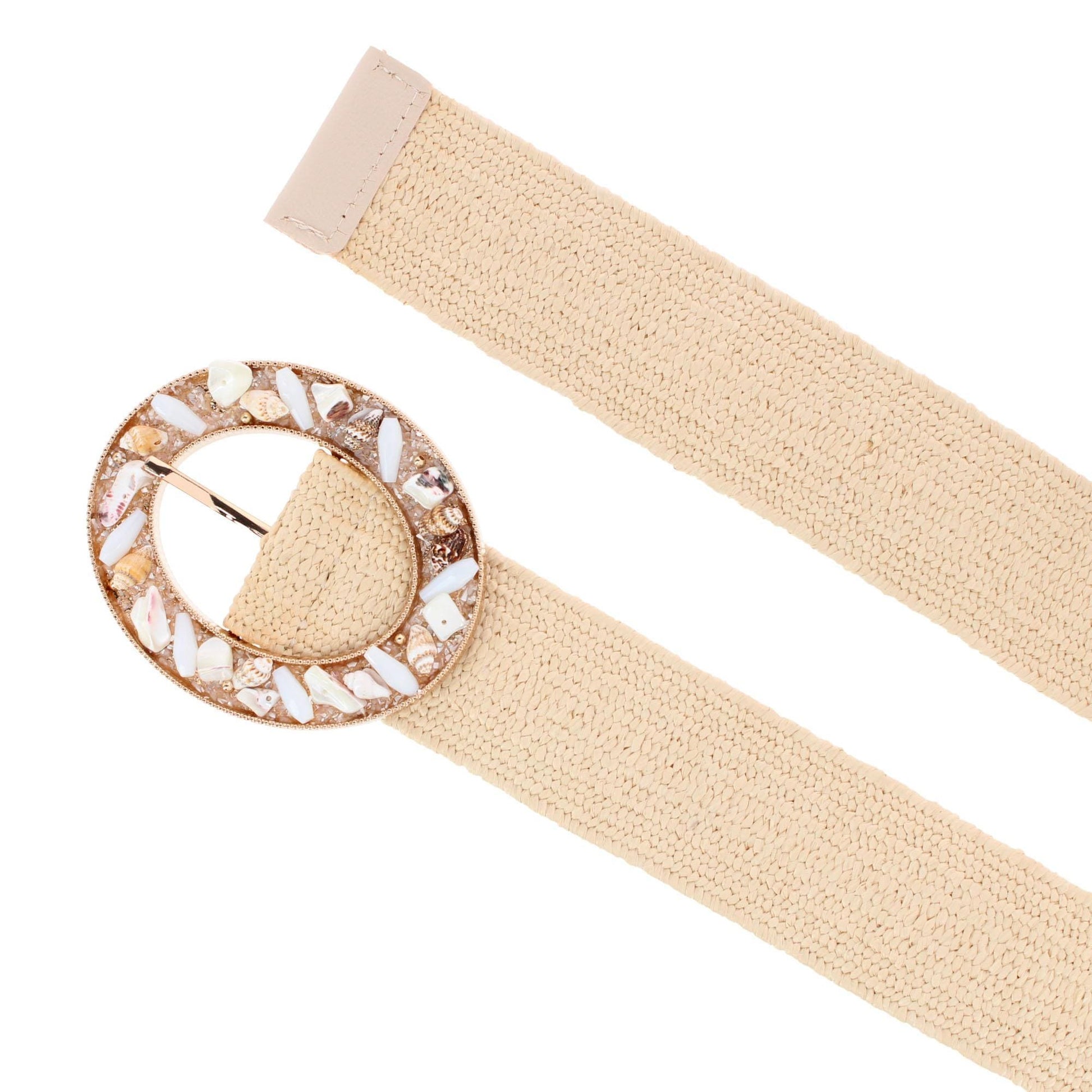 CTM® Women's One Size Raffia Stretch Belt with SeaShell Buckle - Beige