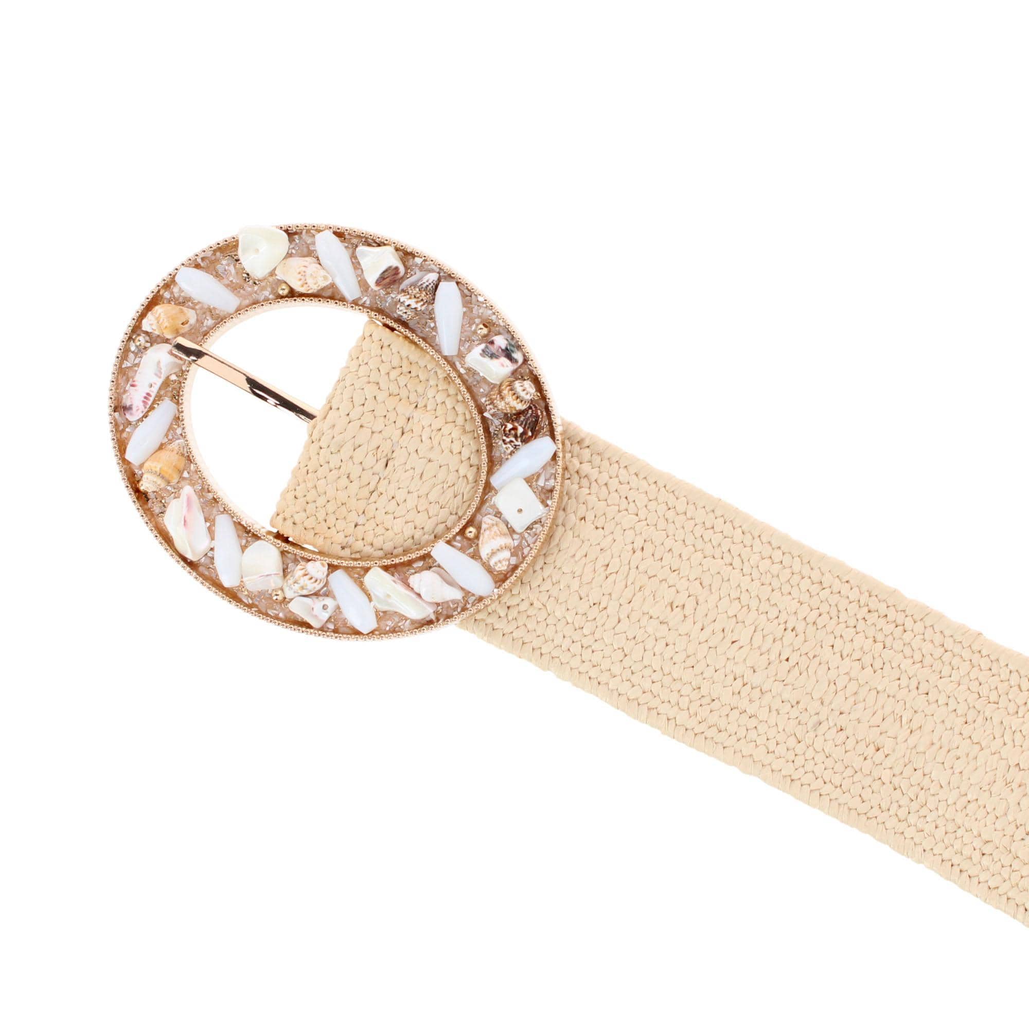CTM® Women's One Size Raffia Stretch Belt with SeaShell Buckle - Beige