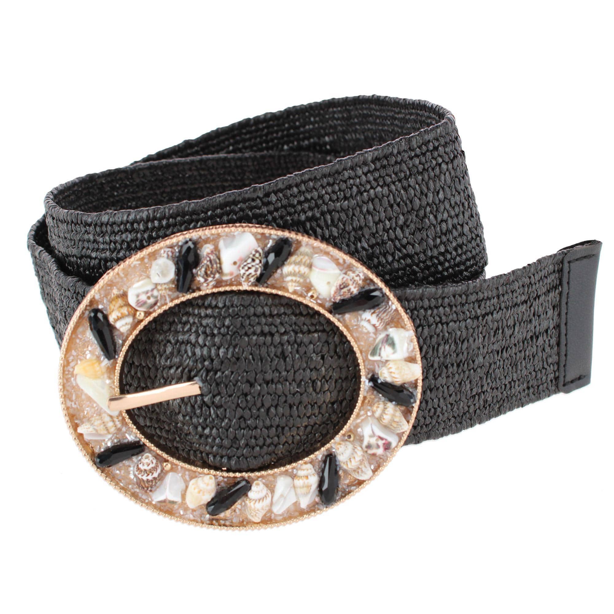 CTM® Women's One Size Raffia Stretch Belt with SeaShell Buckle