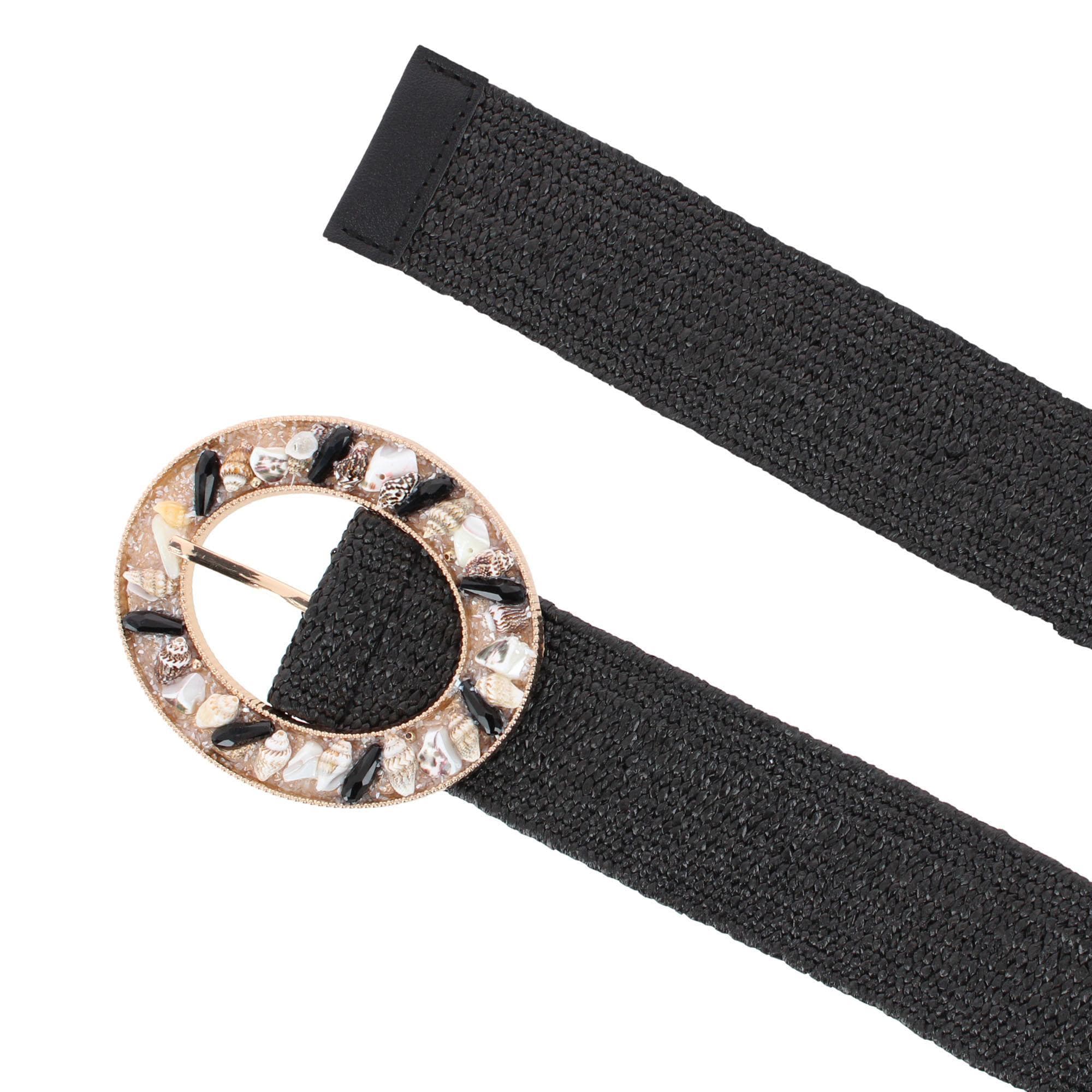 CTM® Women's One Size Raffia Stretch Belt with SeaShell Buckle - Black