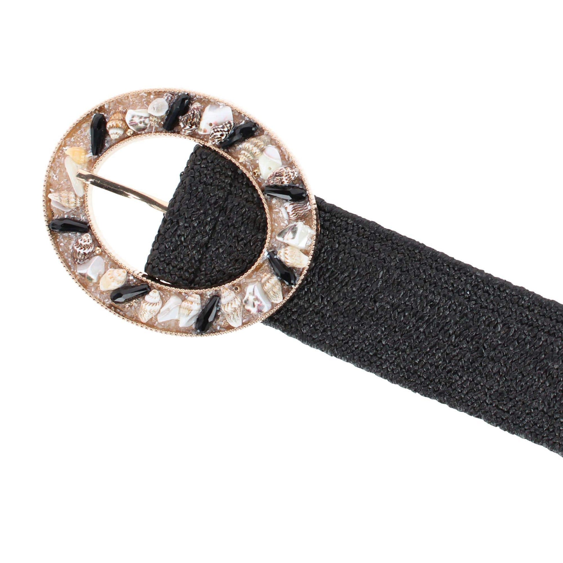 CTM® Women's One Size Raffia Stretch Belt with SeaShell Buckle - Black