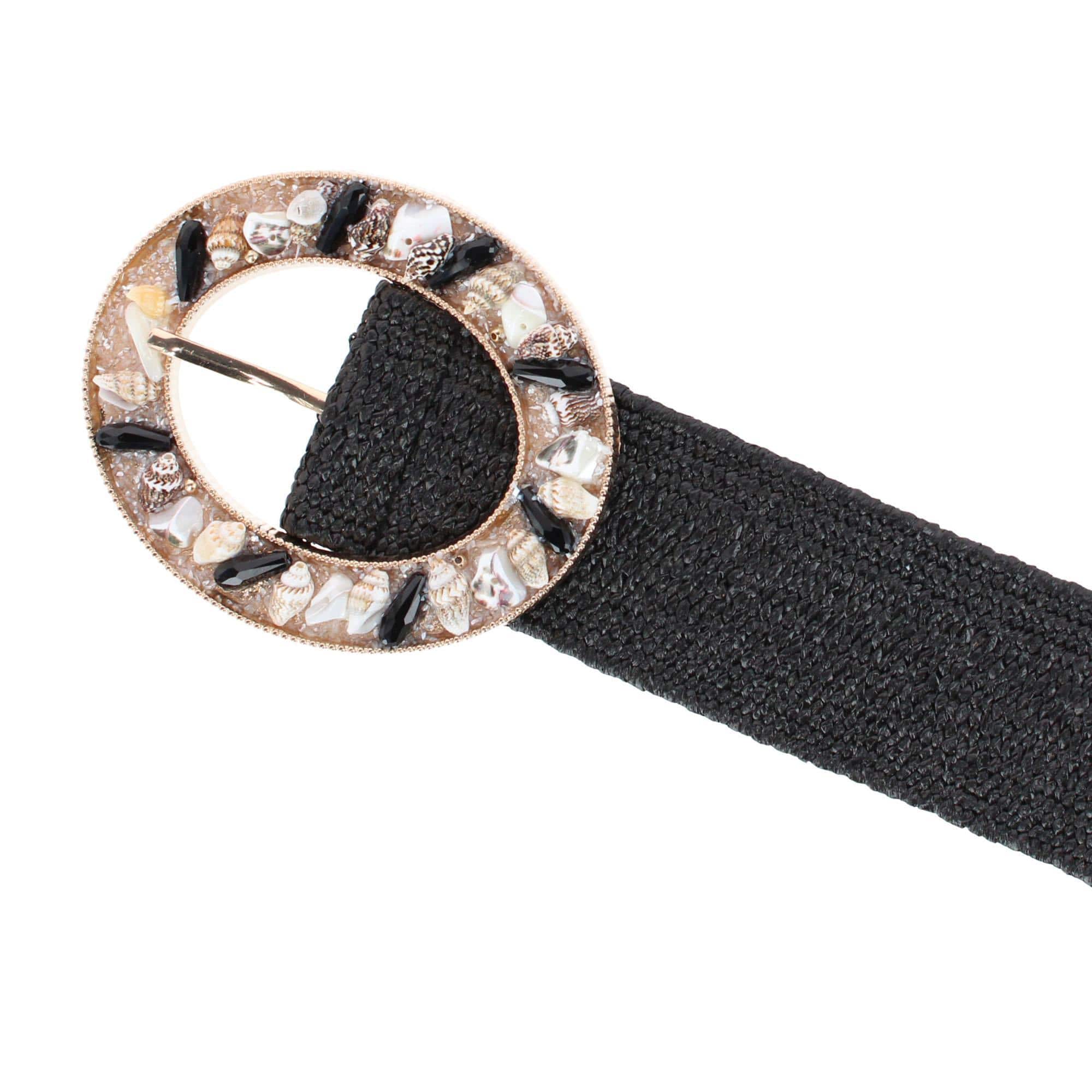 CTM® Women's One Size Raffia Stretch Belt with SeaShell Buckle - Black